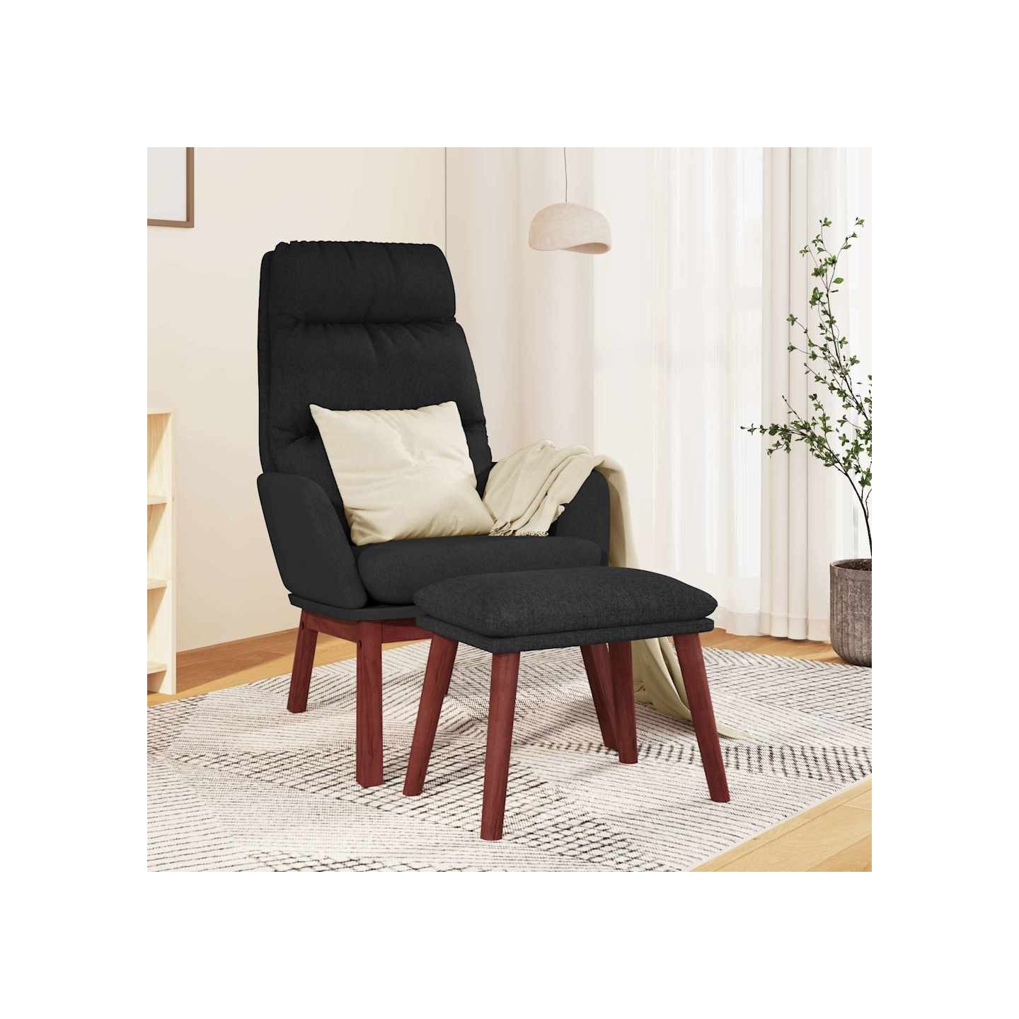 Chaise de relaxation avec tabouret Noir Tissu