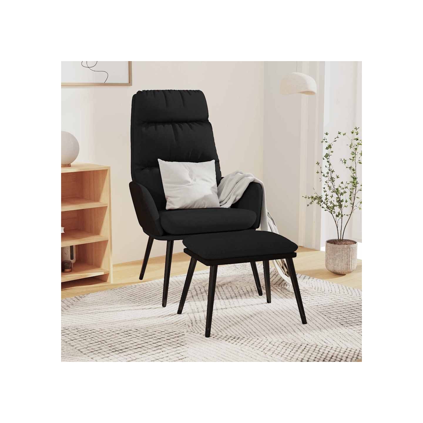 Chaise de relaxation avec tabouret Noir Tissu et similicuir