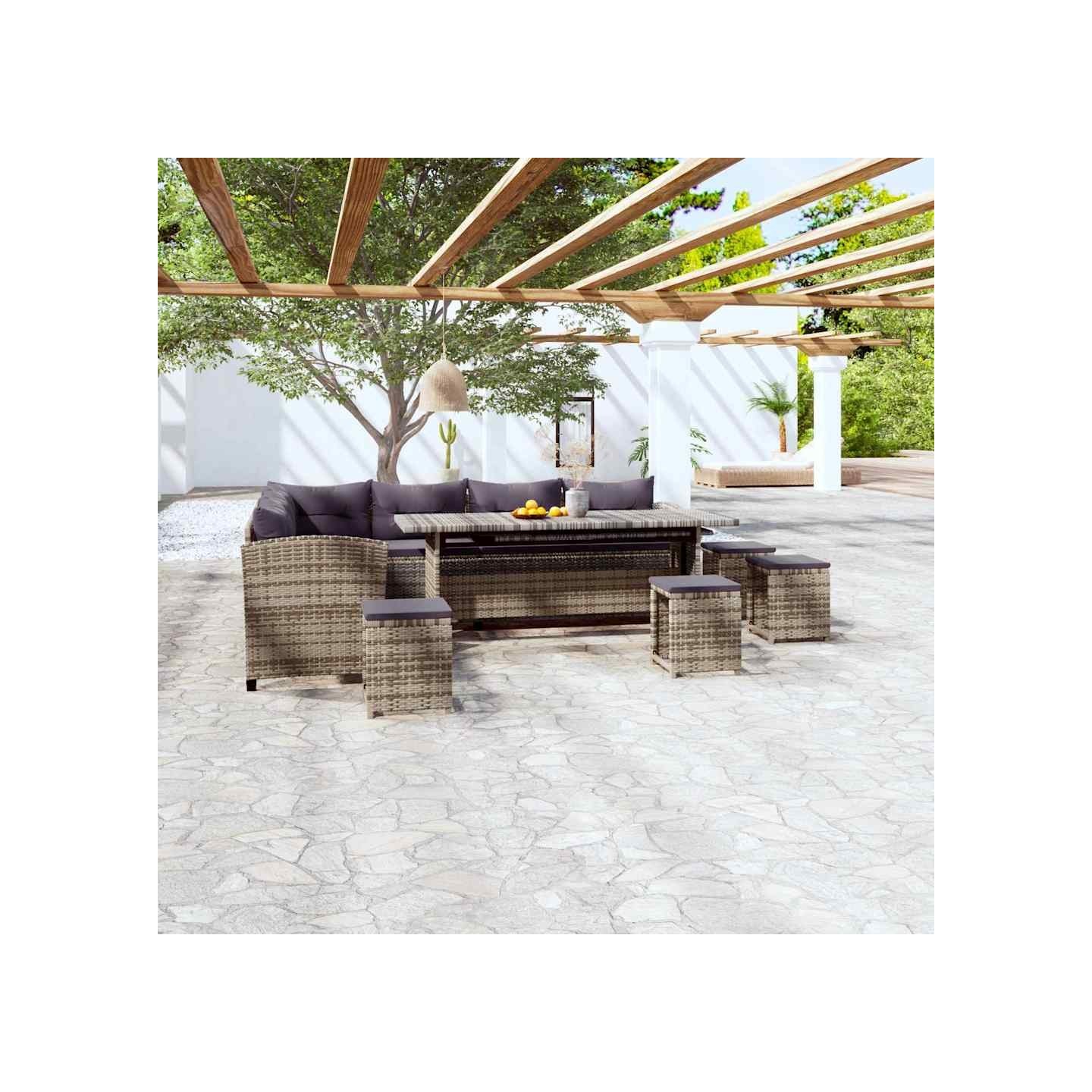 Salon de jardin 6 pcs avec coussins résine tressée gris