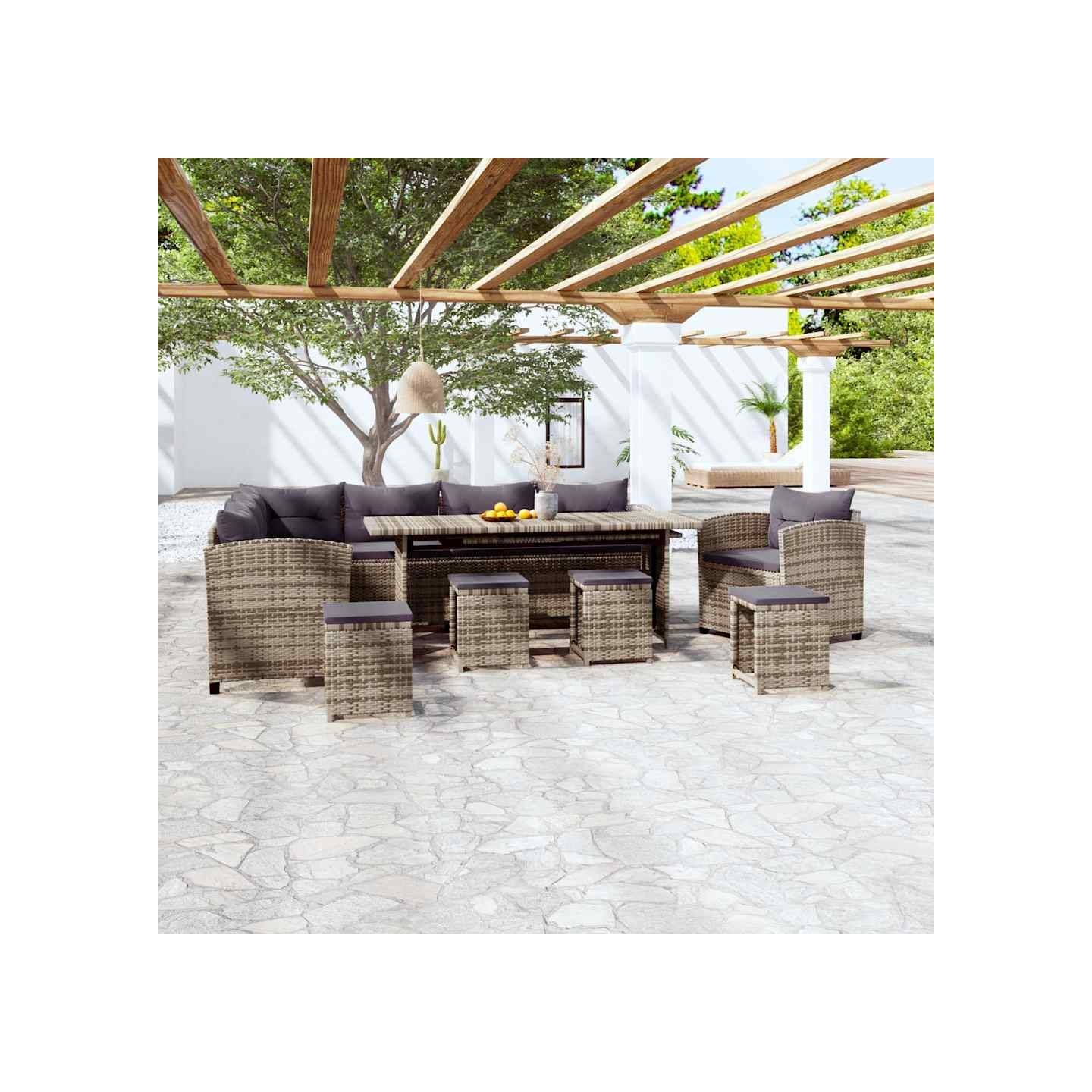 Salon de jardin 7 pcs avec coussins résine tressée gris