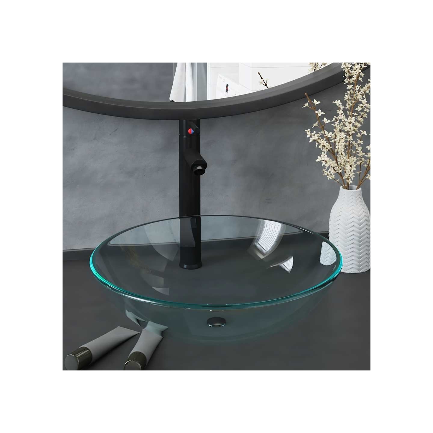 Lavabo de bain avec robinet et drain à poussoir Verre trempé