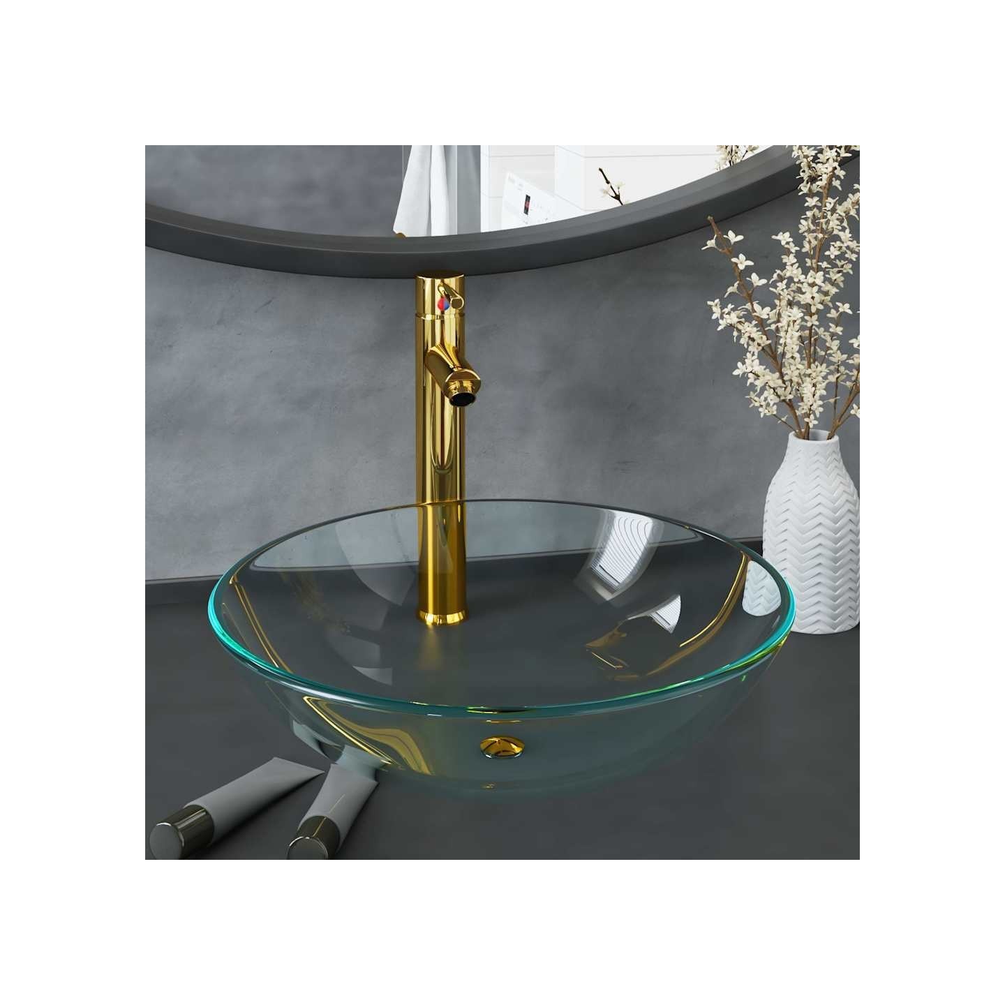 Lavabo de bain avec robinet et drain à poussoir Verre trempé