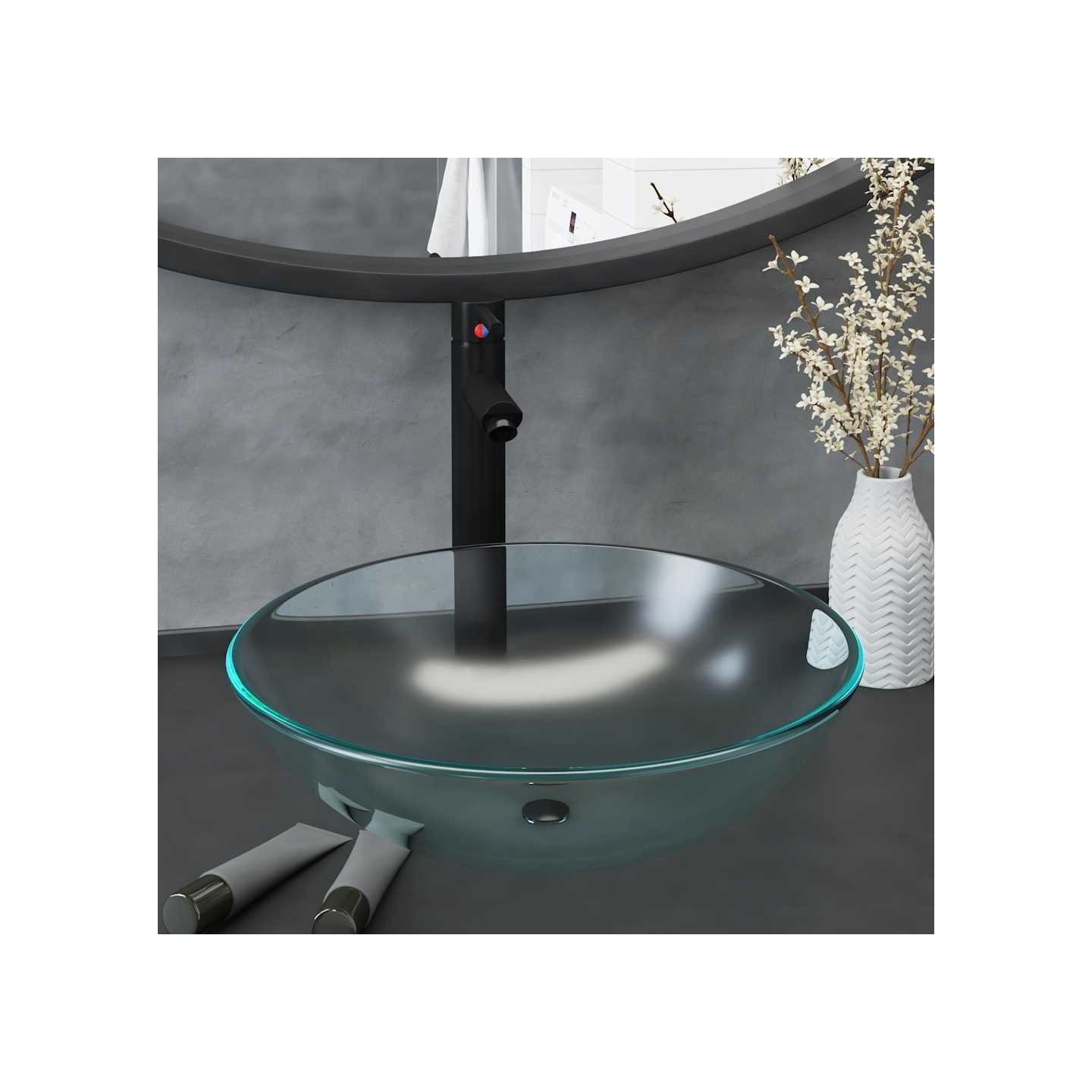 Lavabo de bain avec robinet et drain à poussoir Verre trempé