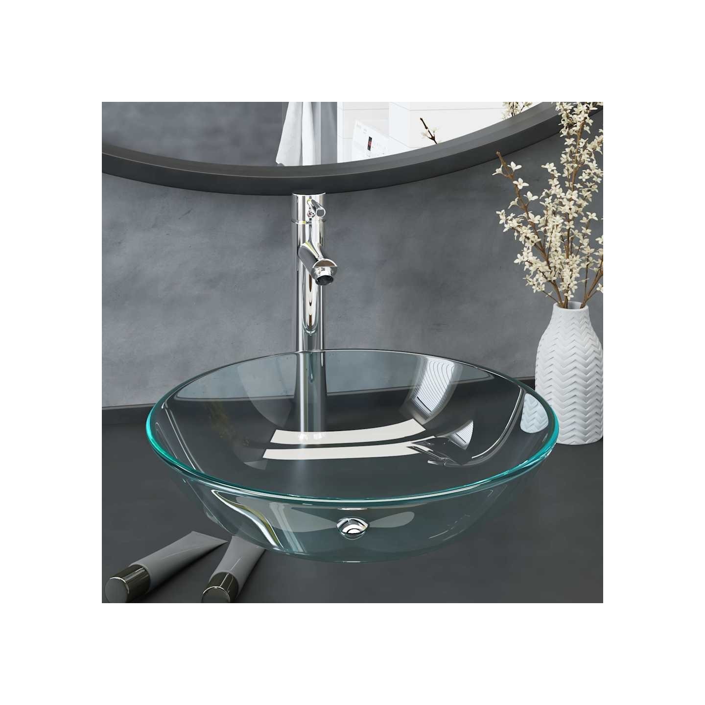 Lavabo de bain avec robinet et drain à poussoir Verre trempé