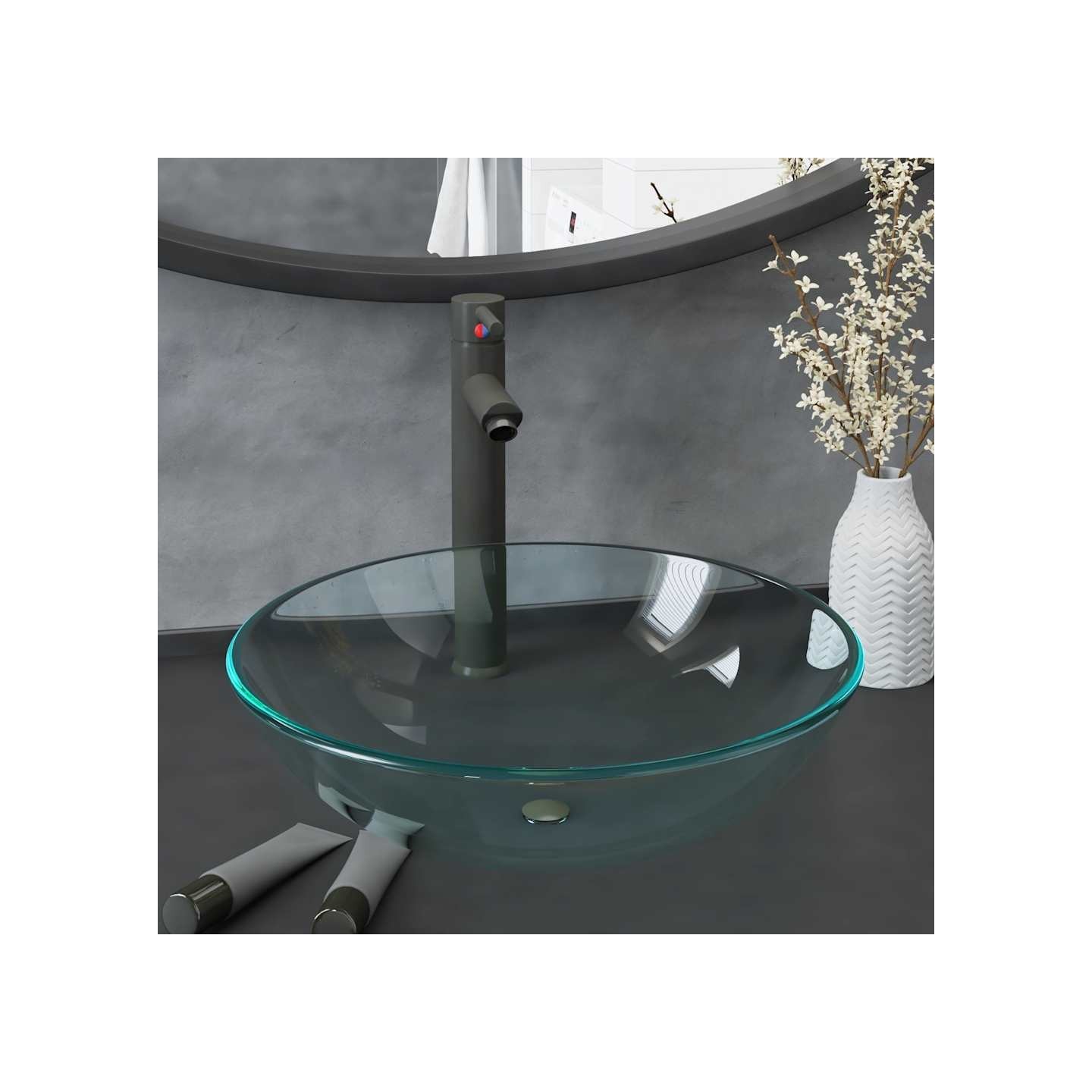 Lavabo de bain avec robinet et drain à poussoir Verre trempé