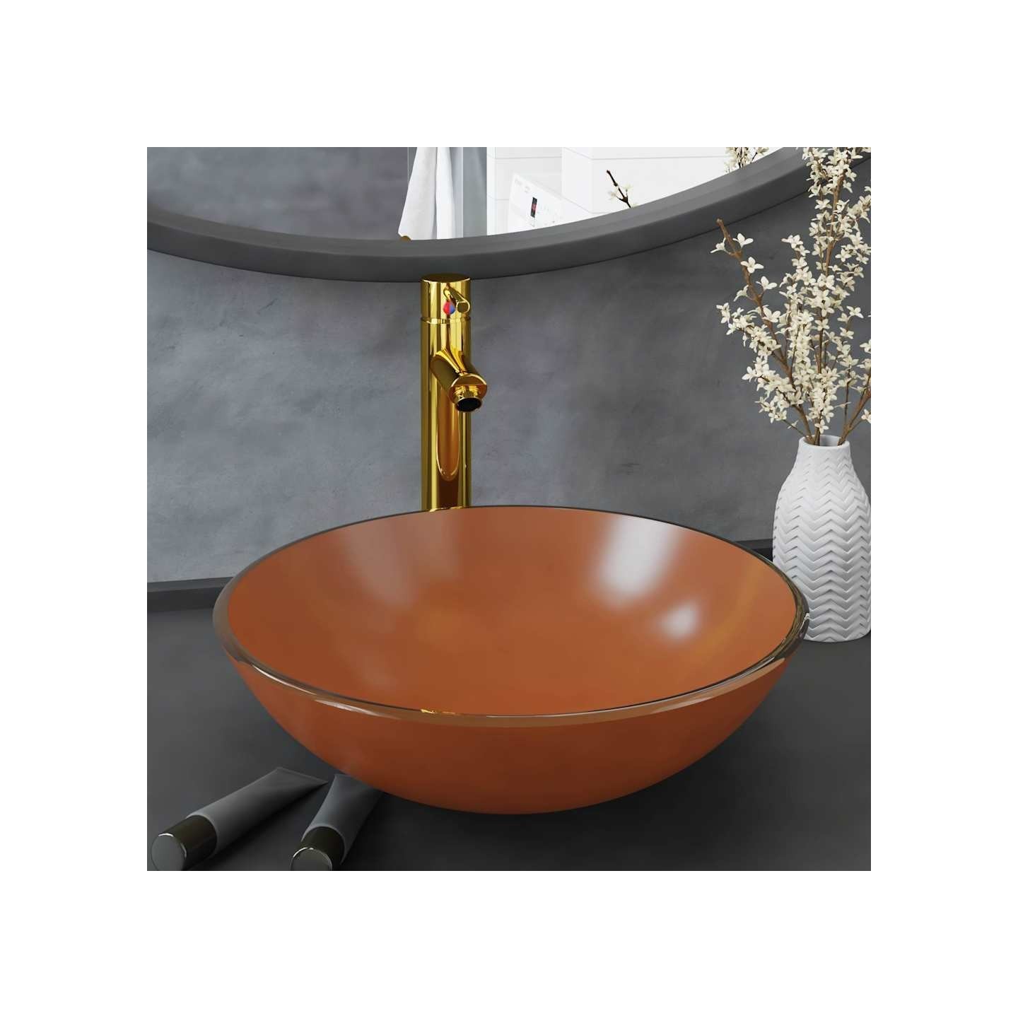 Lavabo de bain avec robinet et drain à poussoir Verre trempé