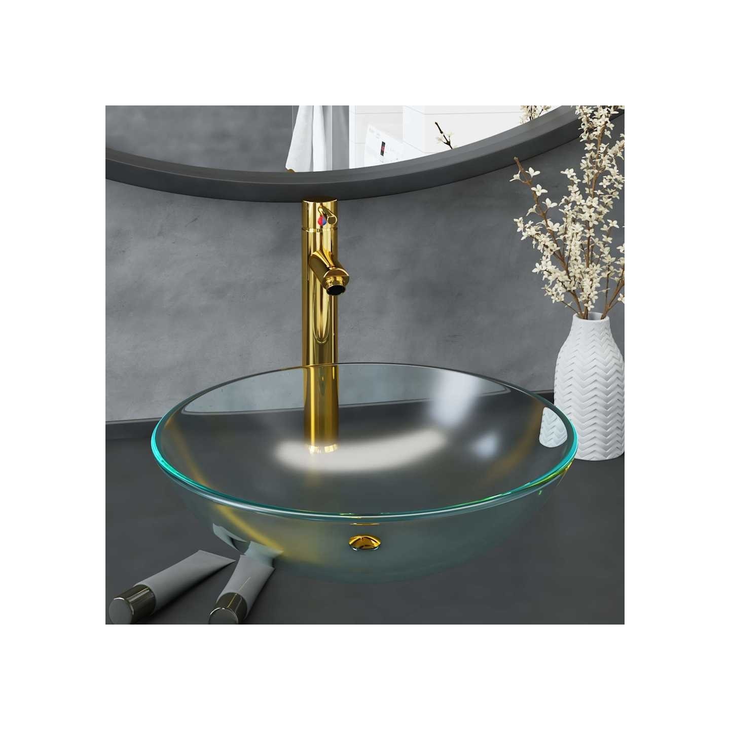 Lavabo de bain avec robinet et drain à poussoir Verre trempé