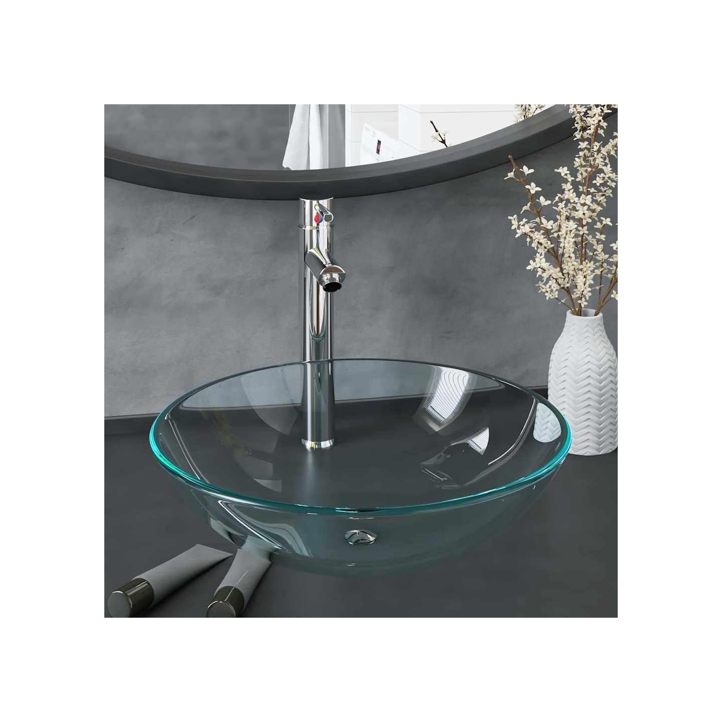 Lavabo de bain avec robinet et drain à poussoir Verre trempé