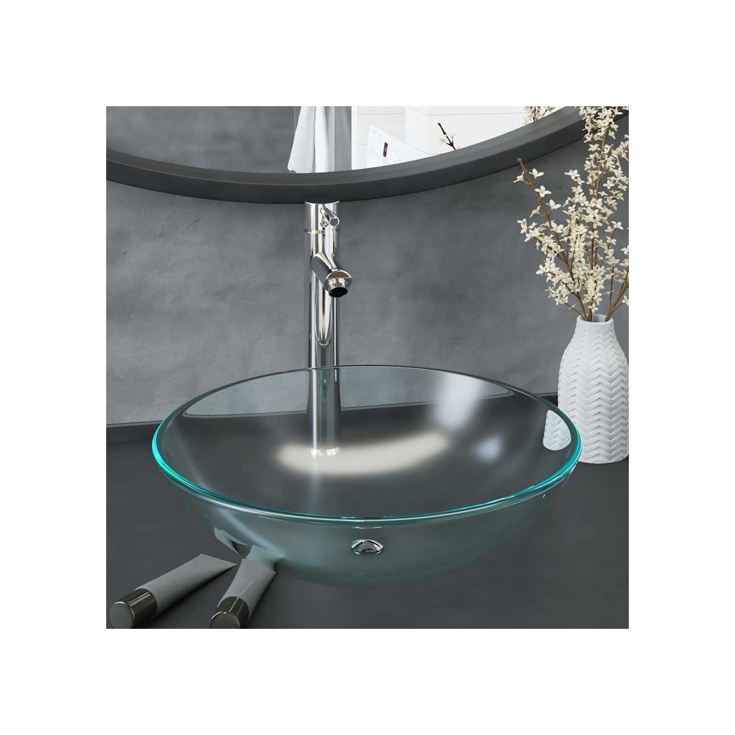 Lavabo de bain avec robinet et drain à poussoir Verre trempé