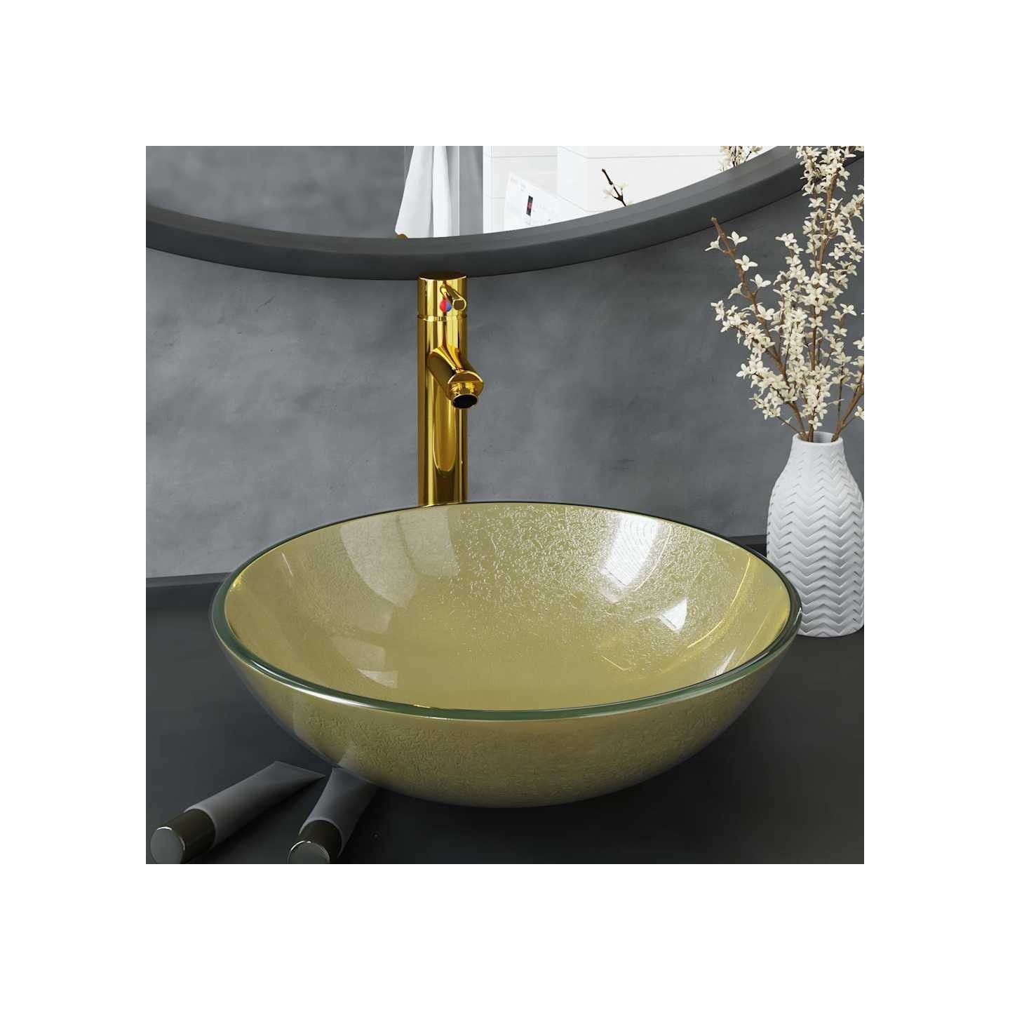 Lavabo de bain avec robinet et drain à poussoir Verre trempé