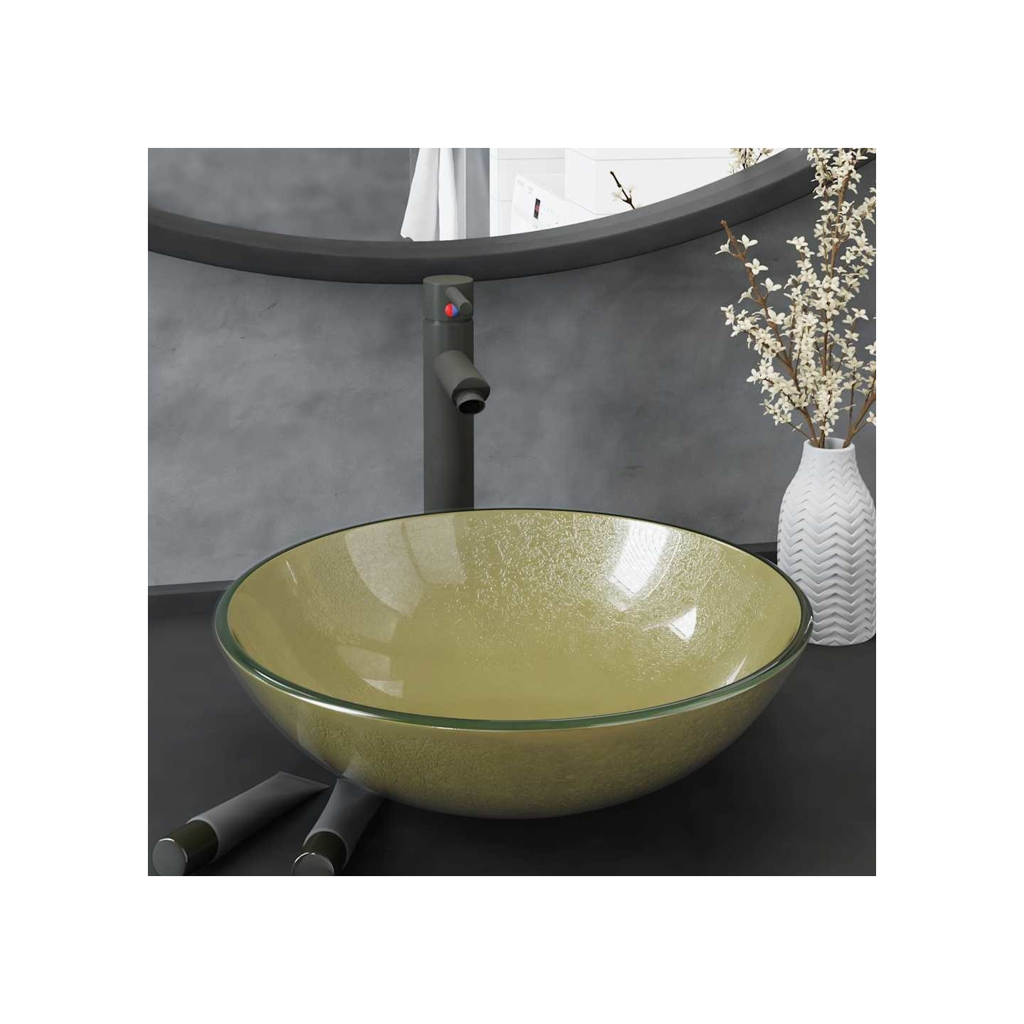 Lavabo de bain avec robinet et drain à poussoir Verre trempé
