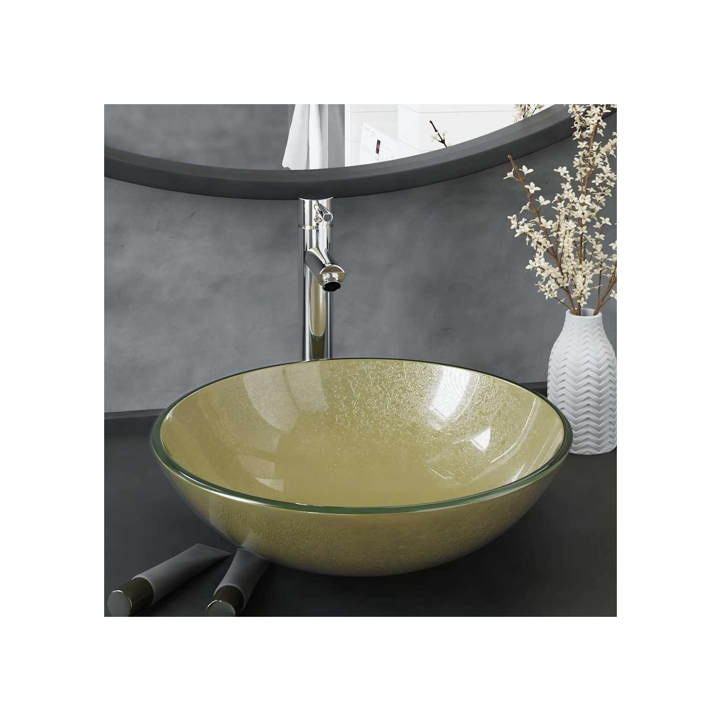 Lavabo de bain avec robinet et drain à poussoir Verre trempé