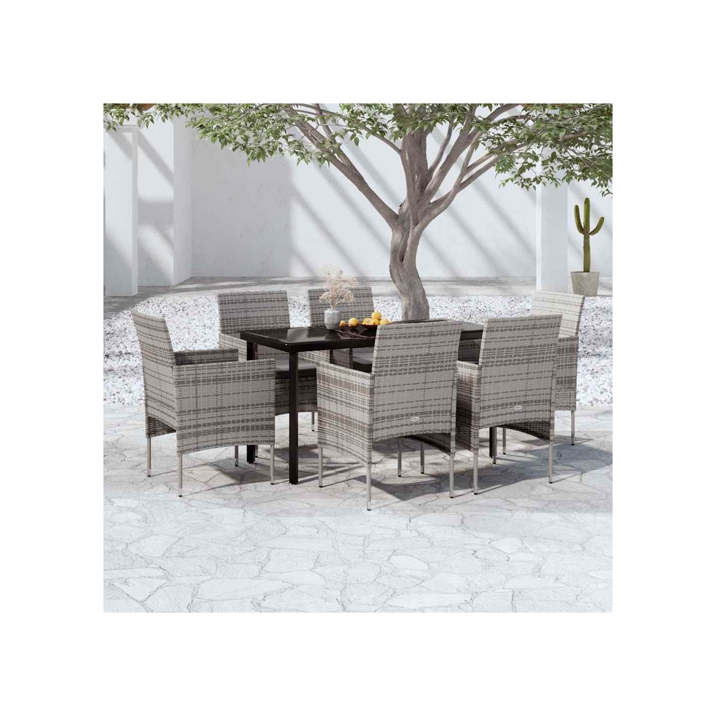 Ensemble à manger de jardin coussins 7pcs Gris et noir
