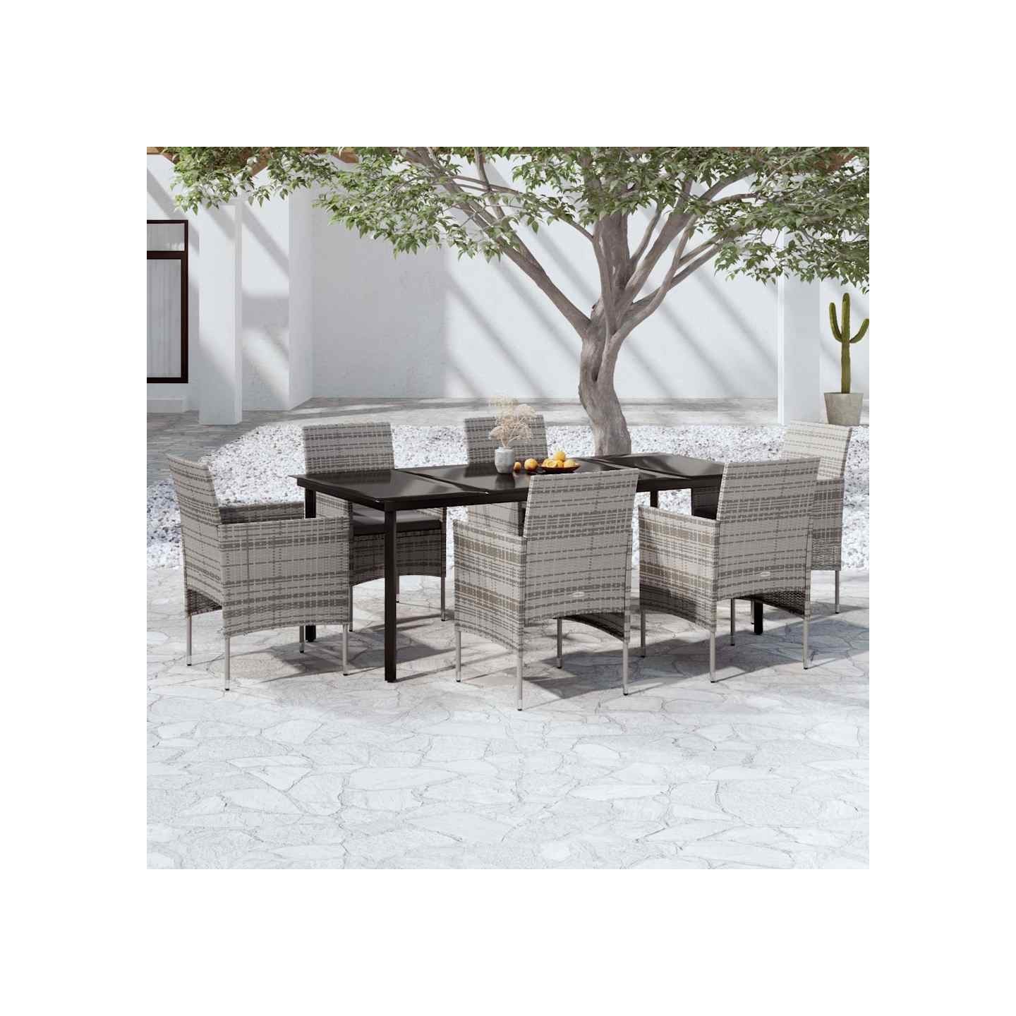 Ensemble à manger de jardin coussins 7pcs Gris et noir