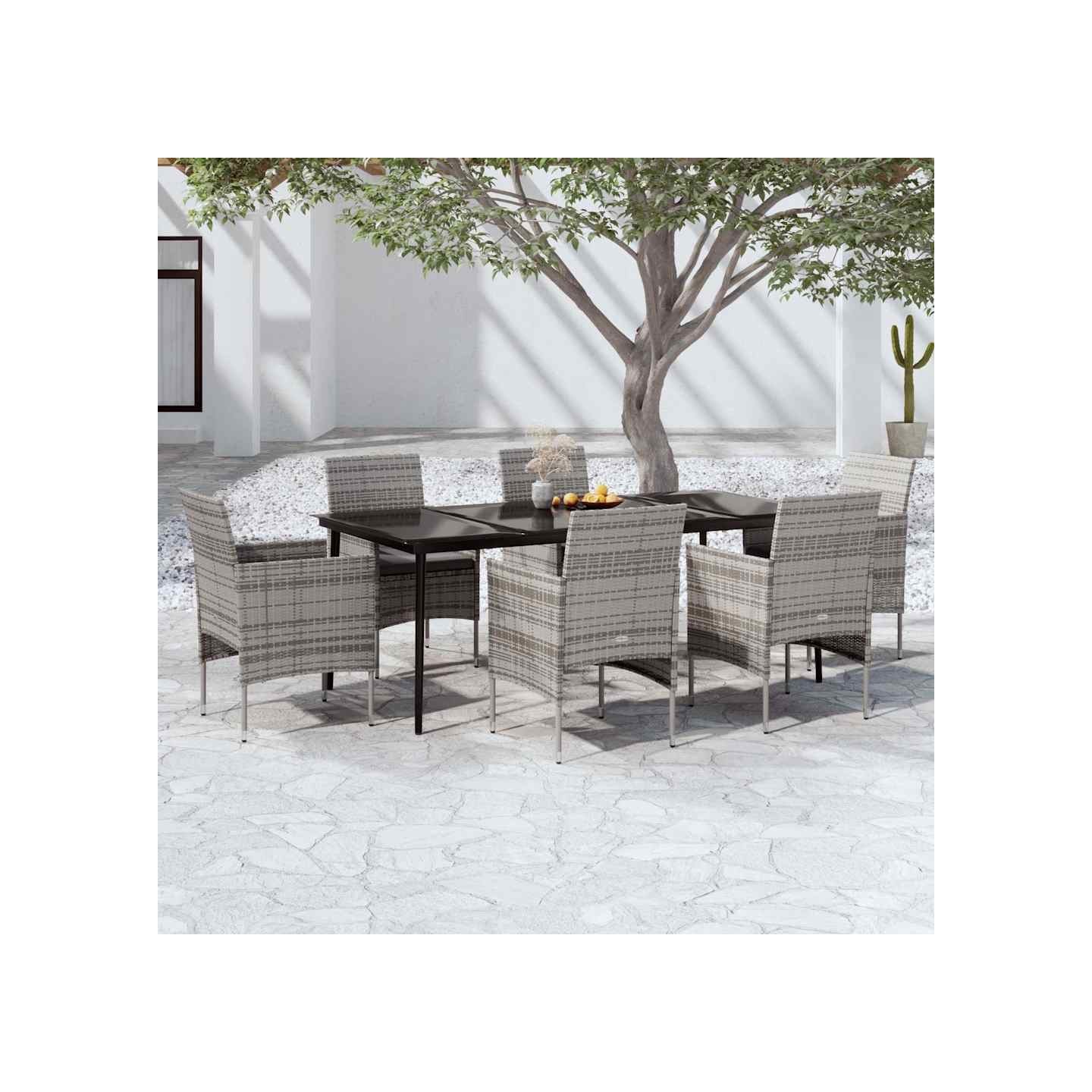 Ensemble à manger de jardin coussins 7pcs Gris et noir