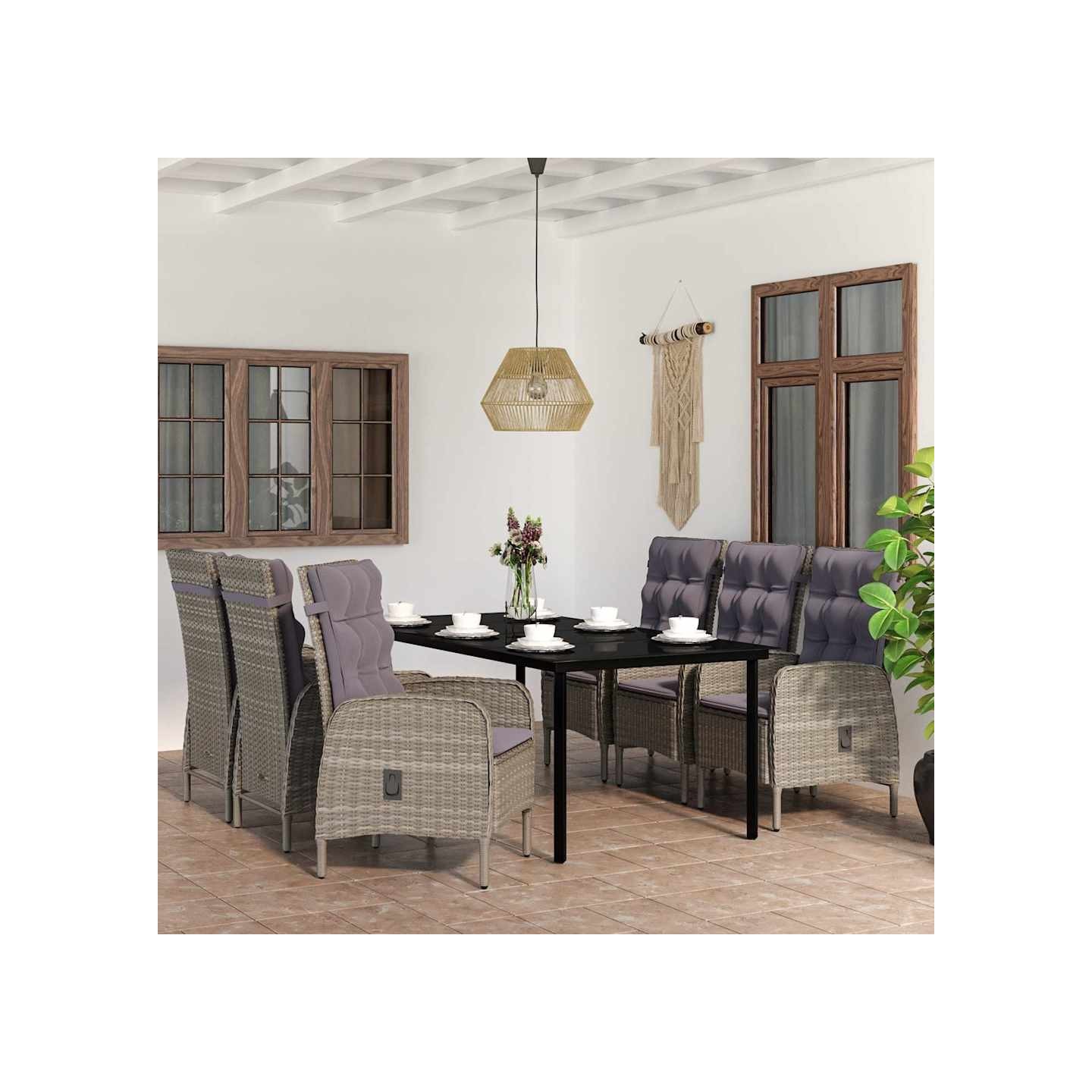 Ensemble à manger de jardin coussins 7pcs Gris et noir