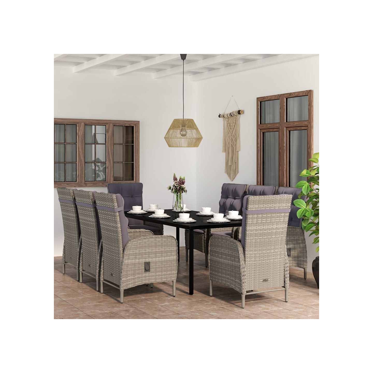 Ensemble à manger de jardin et coussins 9 pcs Gris et noir