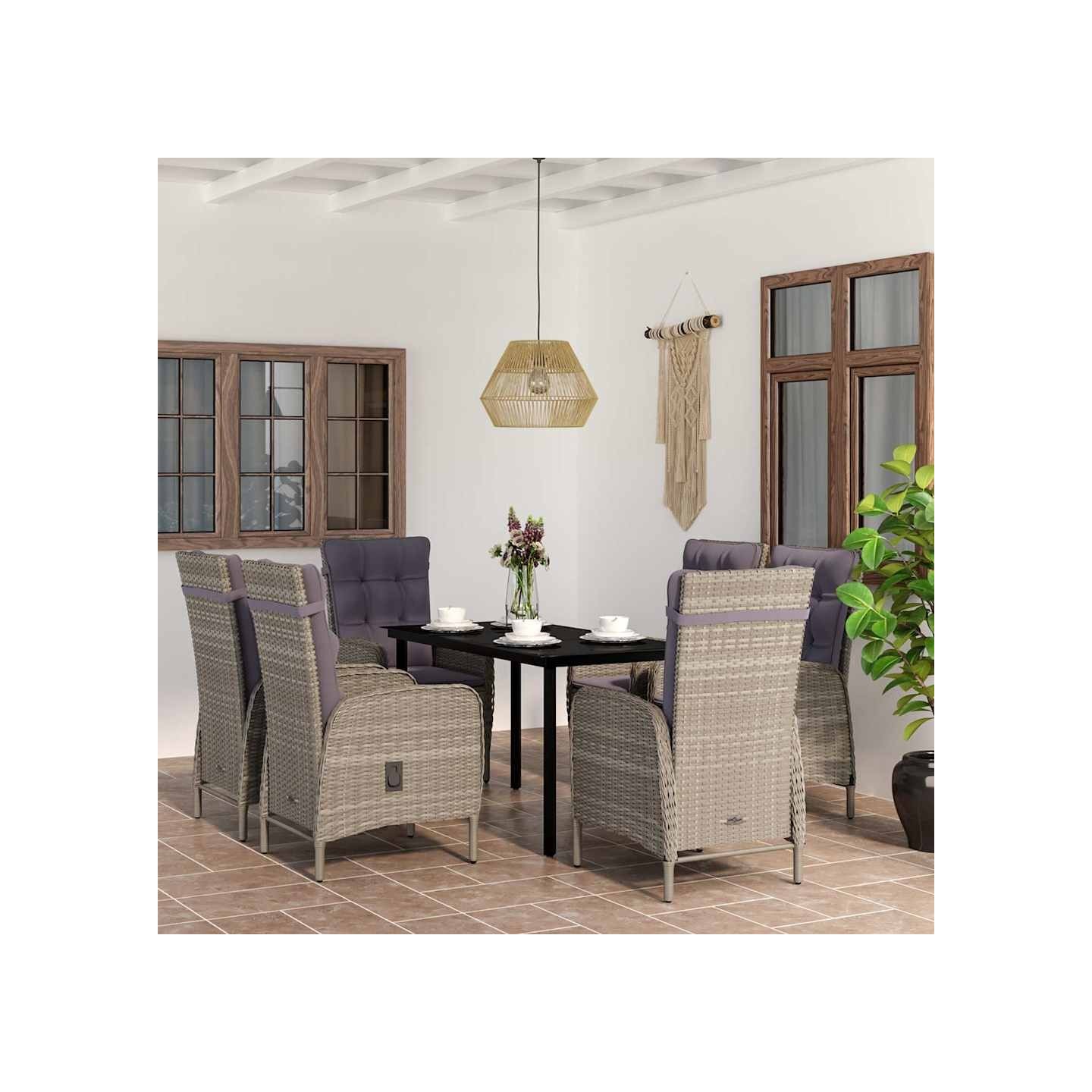 Ensemble à manger de jardin coussins 7pcs Gris et noir