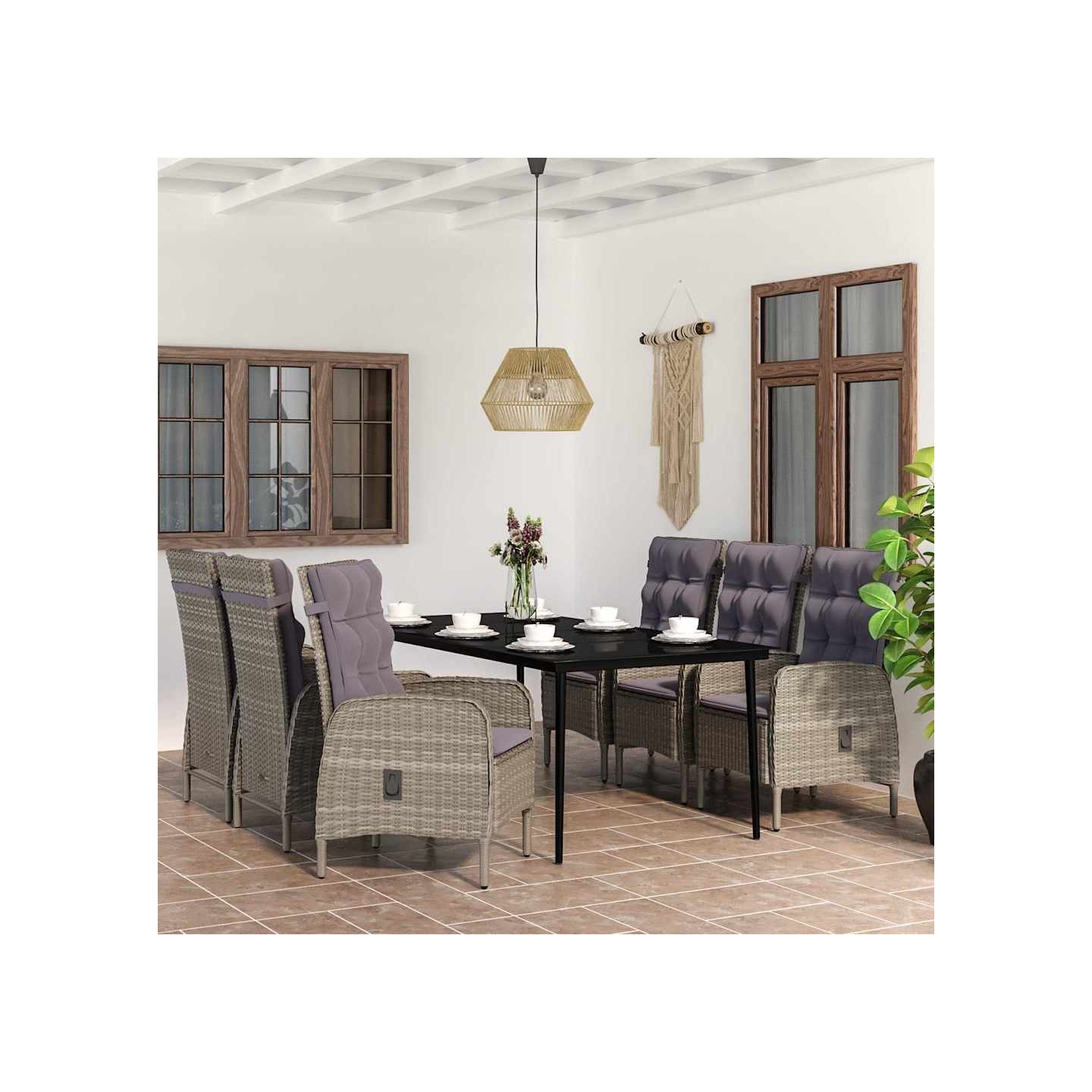 Ensemble à manger de jardin coussins 7pcs Gris et noir