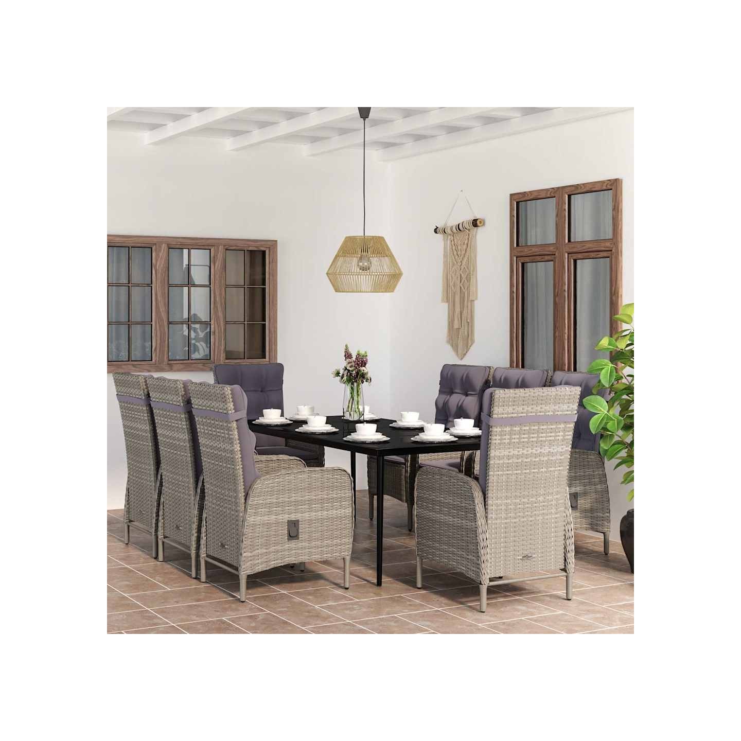 Ensemble à manger de jardin et coussins 9 pcs Gris et noir