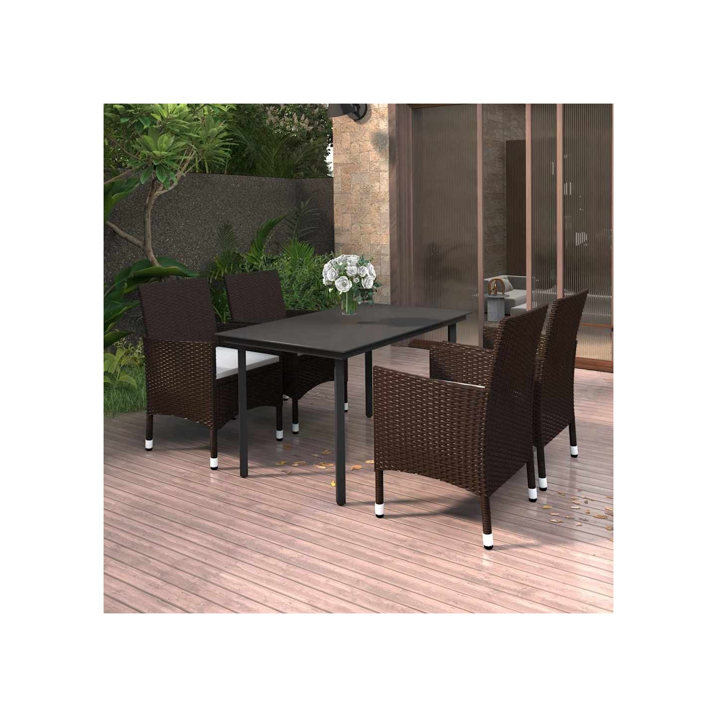 Ensemble à manger de jardin coussins 5 pcs Résine tressée Verre
