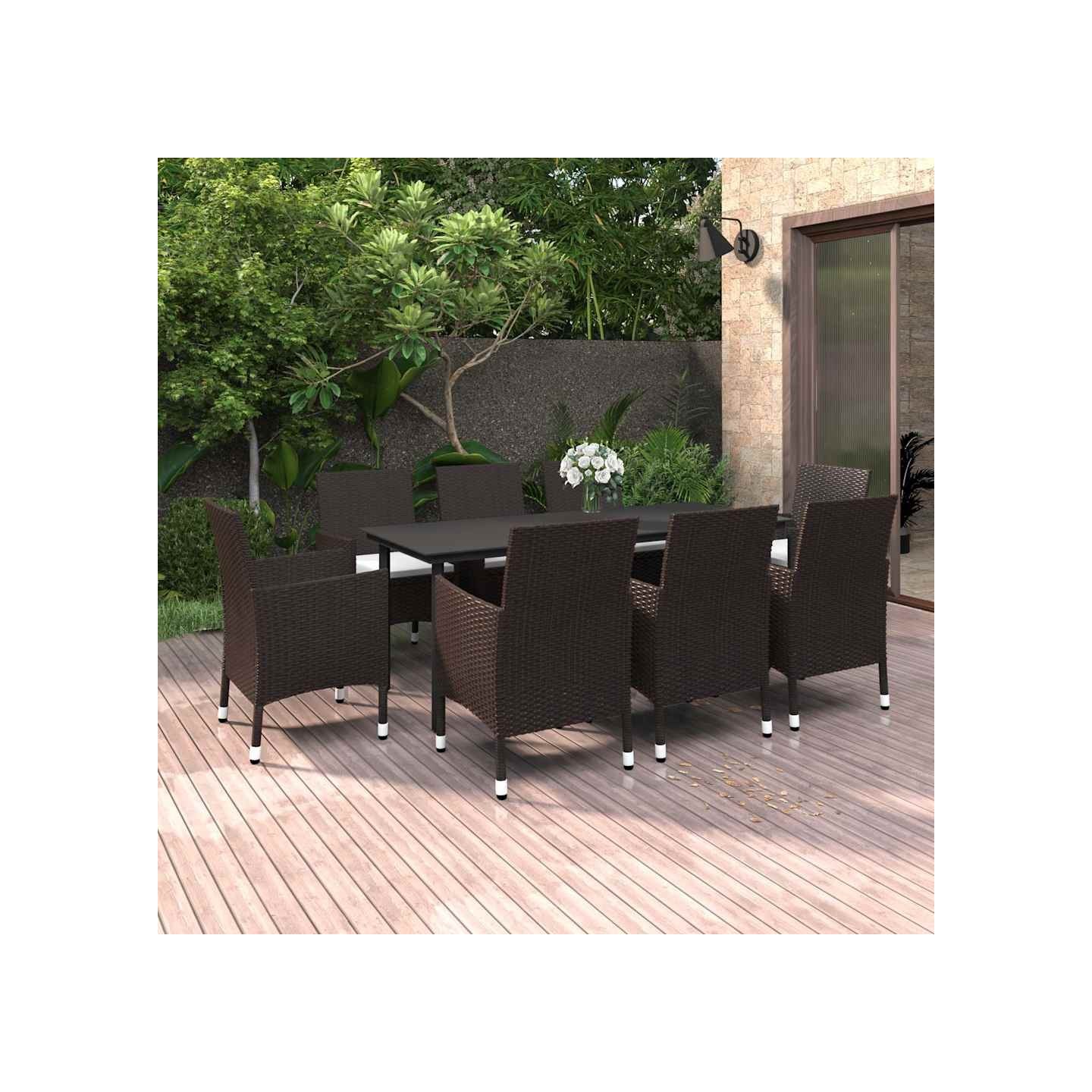 Ensemble à manger de jardin coussins 9 pcs Résine tressée Verre