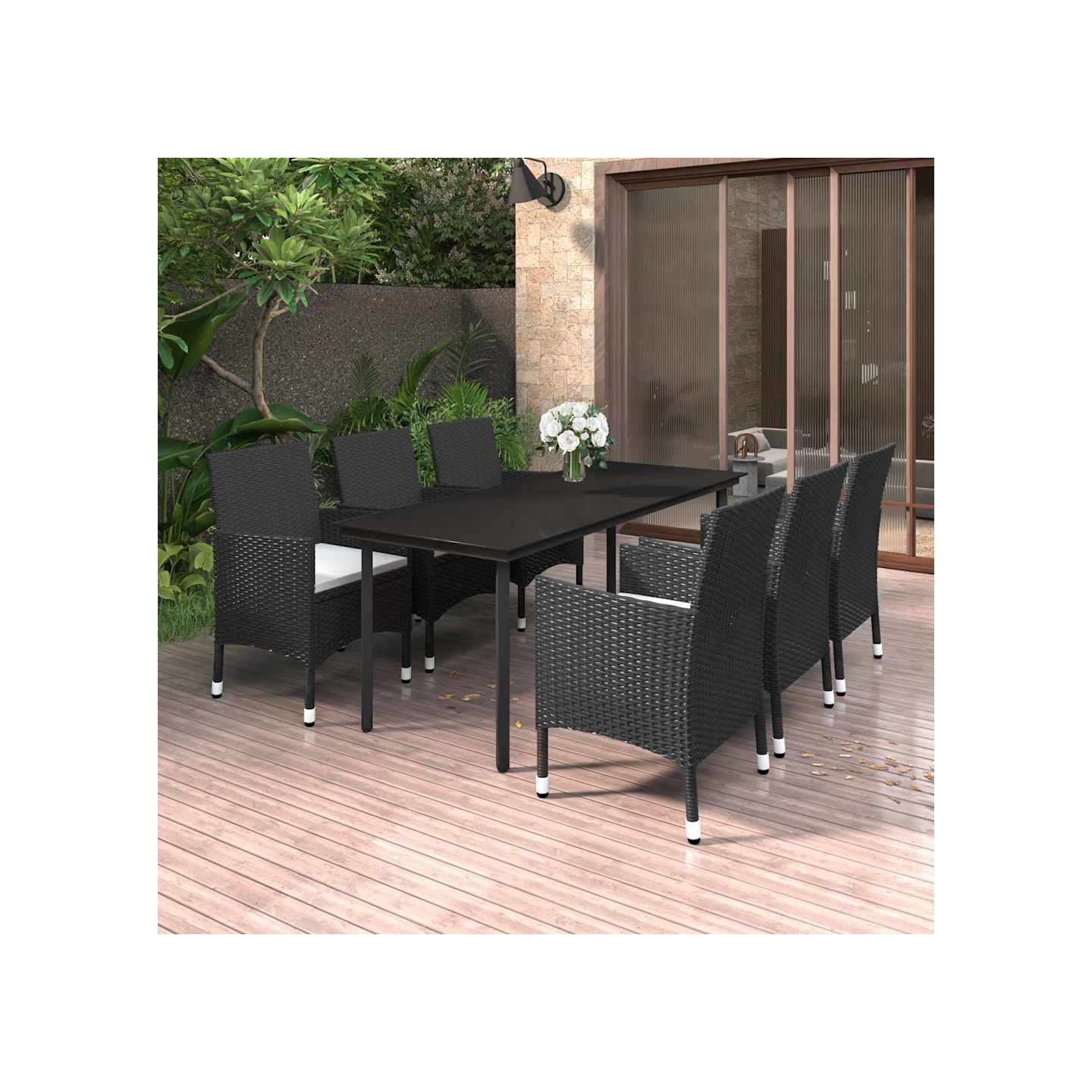 Ensemble à manger de jardin coussins 7 pcs Résine tressée Verre
