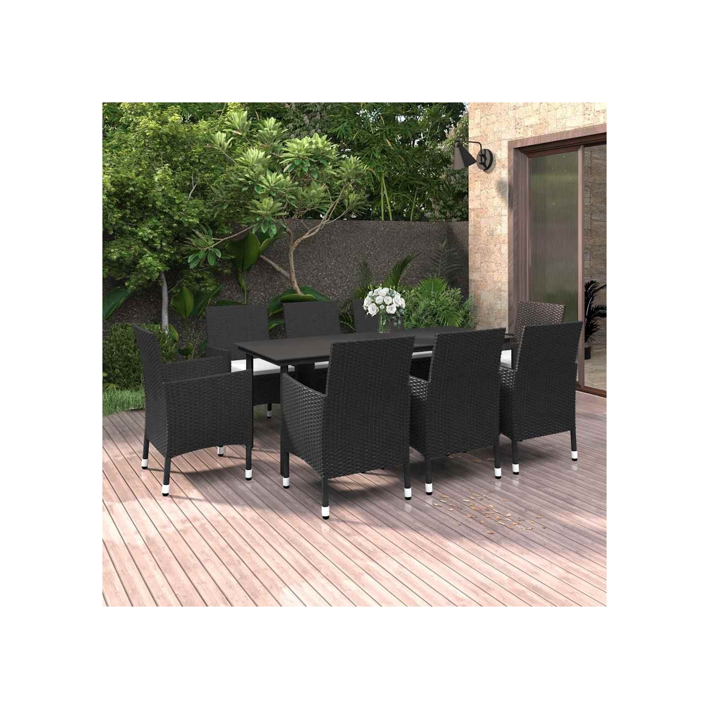 Ensemble à manger de jardin coussins 9 pcs Résine tressée Verre