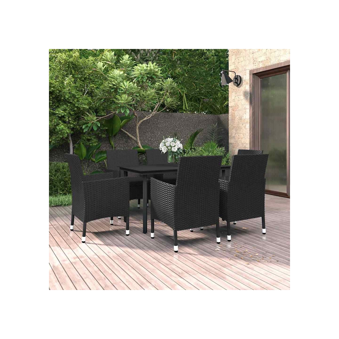 Ensemble à manger de jardin coussins 7 pcs Résine tressée Verre