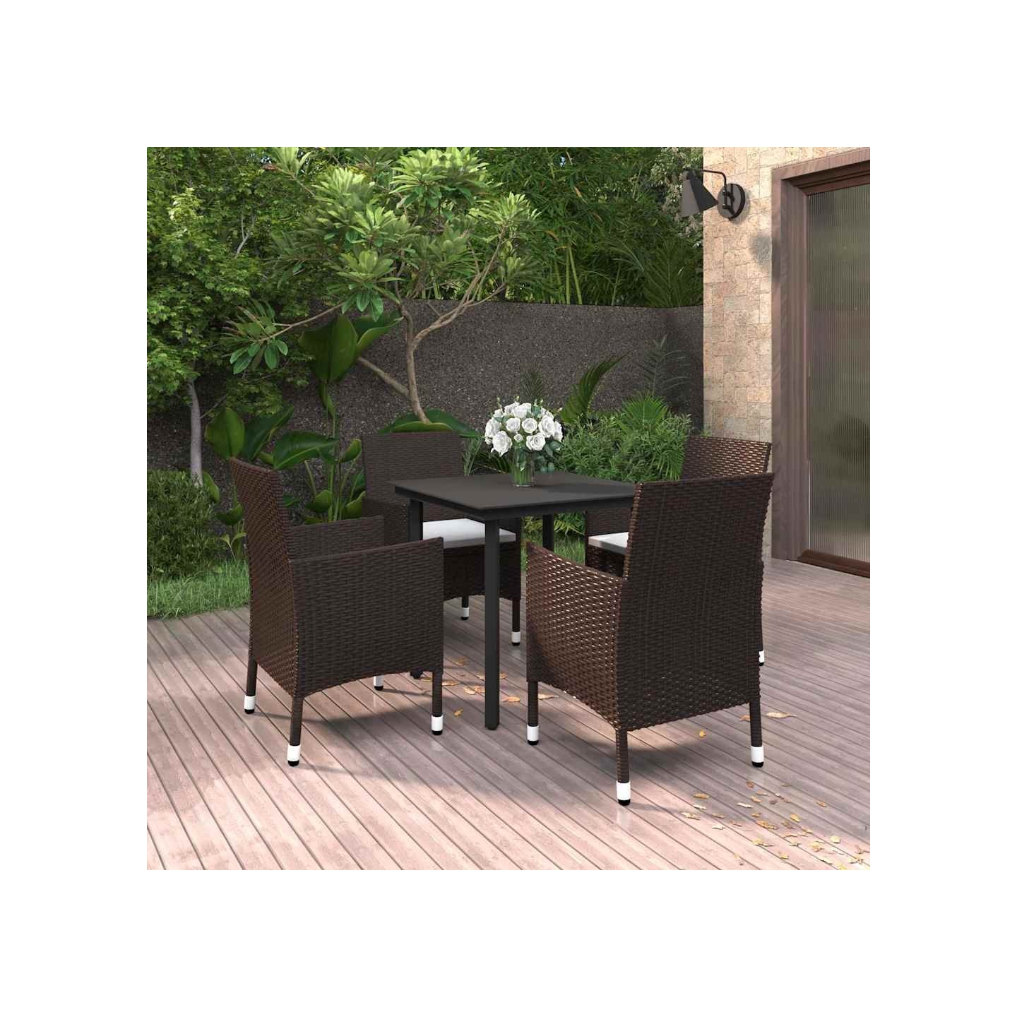 Ensemble à manger de jardin coussins 5 pcs Résine tressée Verre