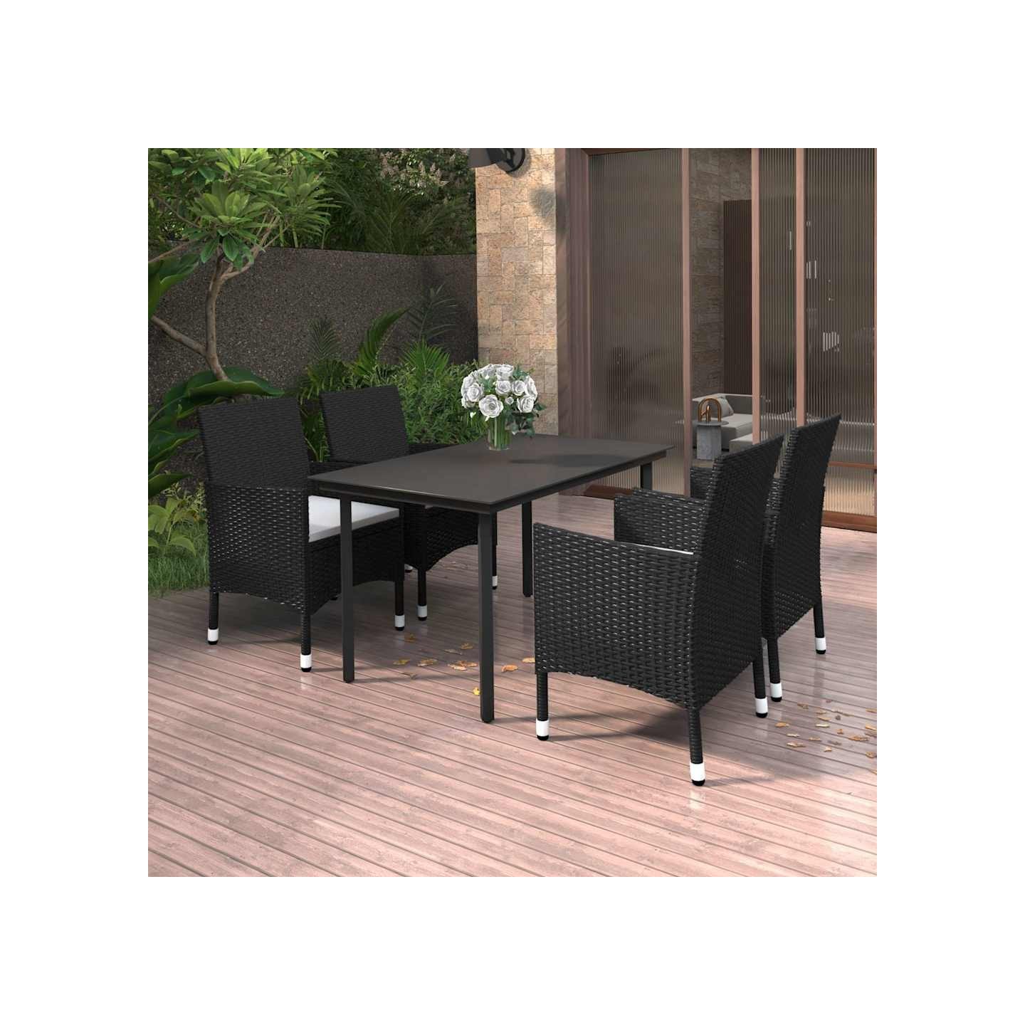 Ensemble à manger de jardin coussins 5 pcs Résine tressée Verre