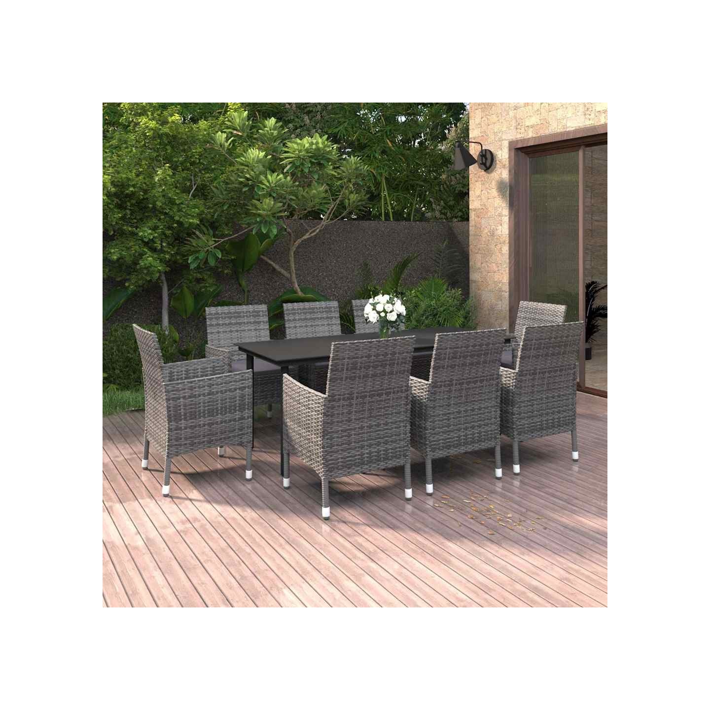 Ensemble à manger de jardin coussins 9 pcs Résine tressée Verre