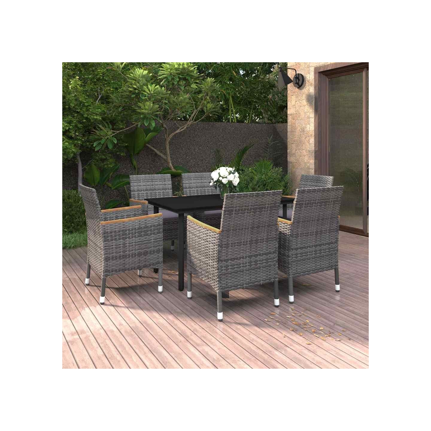 Ensemble à manger de jardin coussins 7 pcs Résine tressée Verre