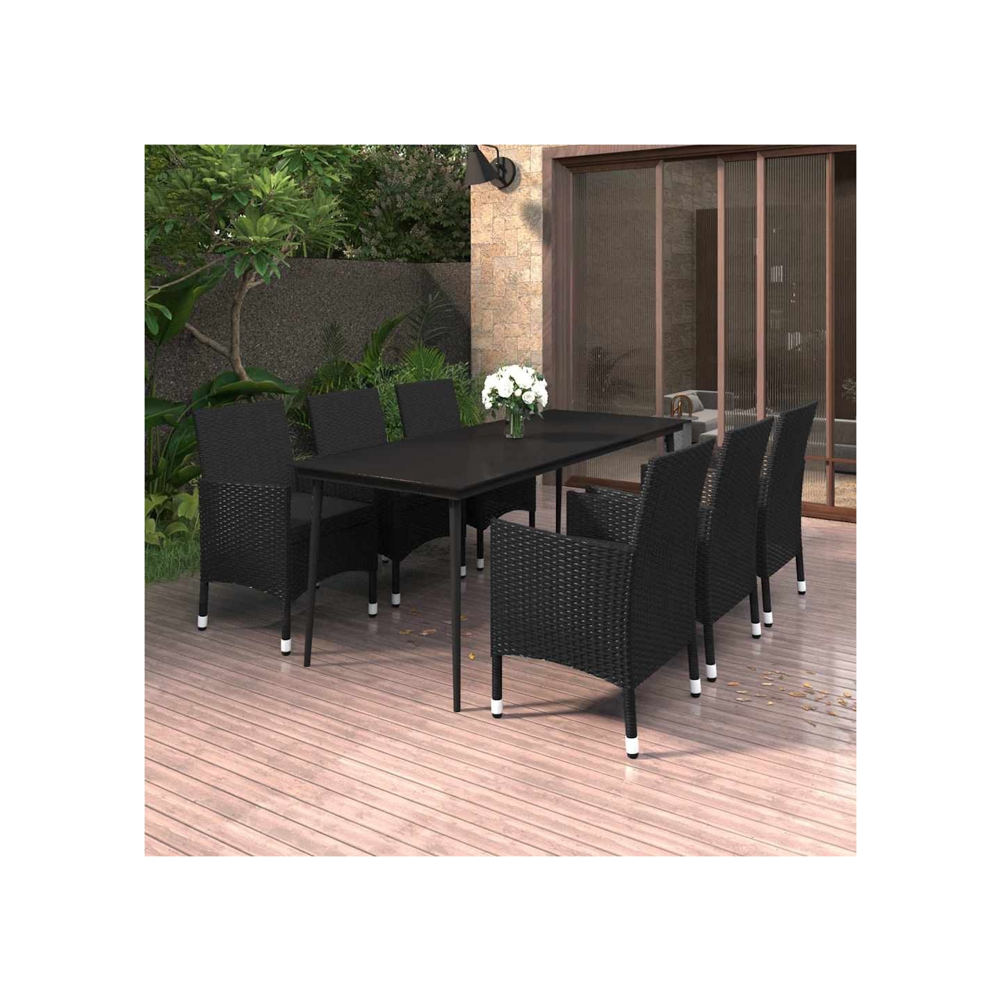 Ensemble à manger de jardin coussins 7 pcs Résine tressée Verre