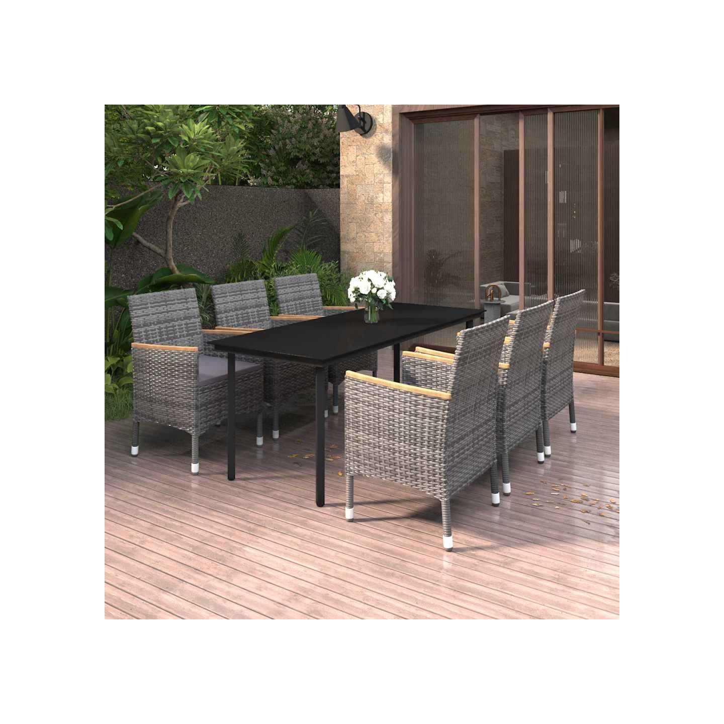 Ensemble à manger de jardin coussins 7 pcs Résine tressée Verre