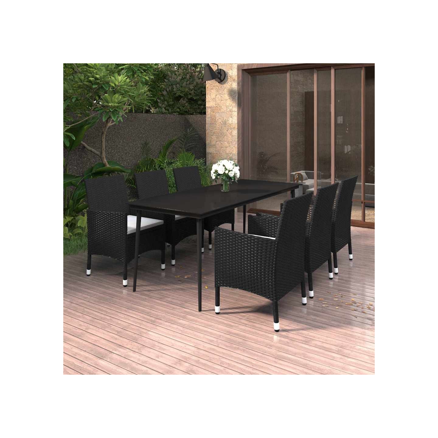 Ensemble à manger de jardin coussins 7 pcs Résine tressée Verre
