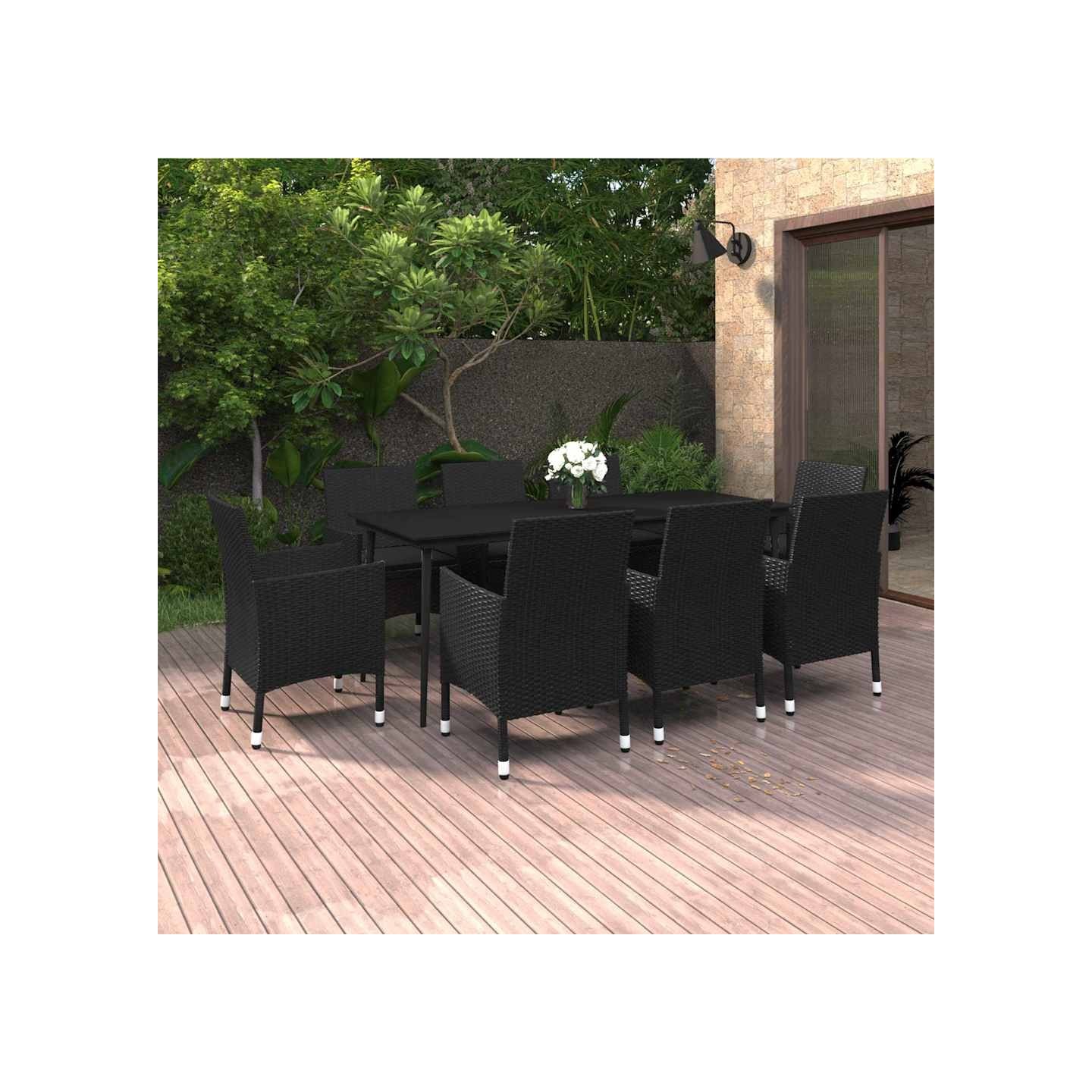Ensemble à manger de jardin coussins 9 pcs Résine tressée Verre