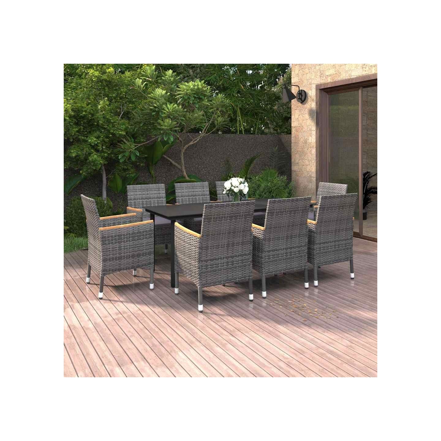 Ensemble à manger de jardin coussins 9 pcs Résine tressée Verre