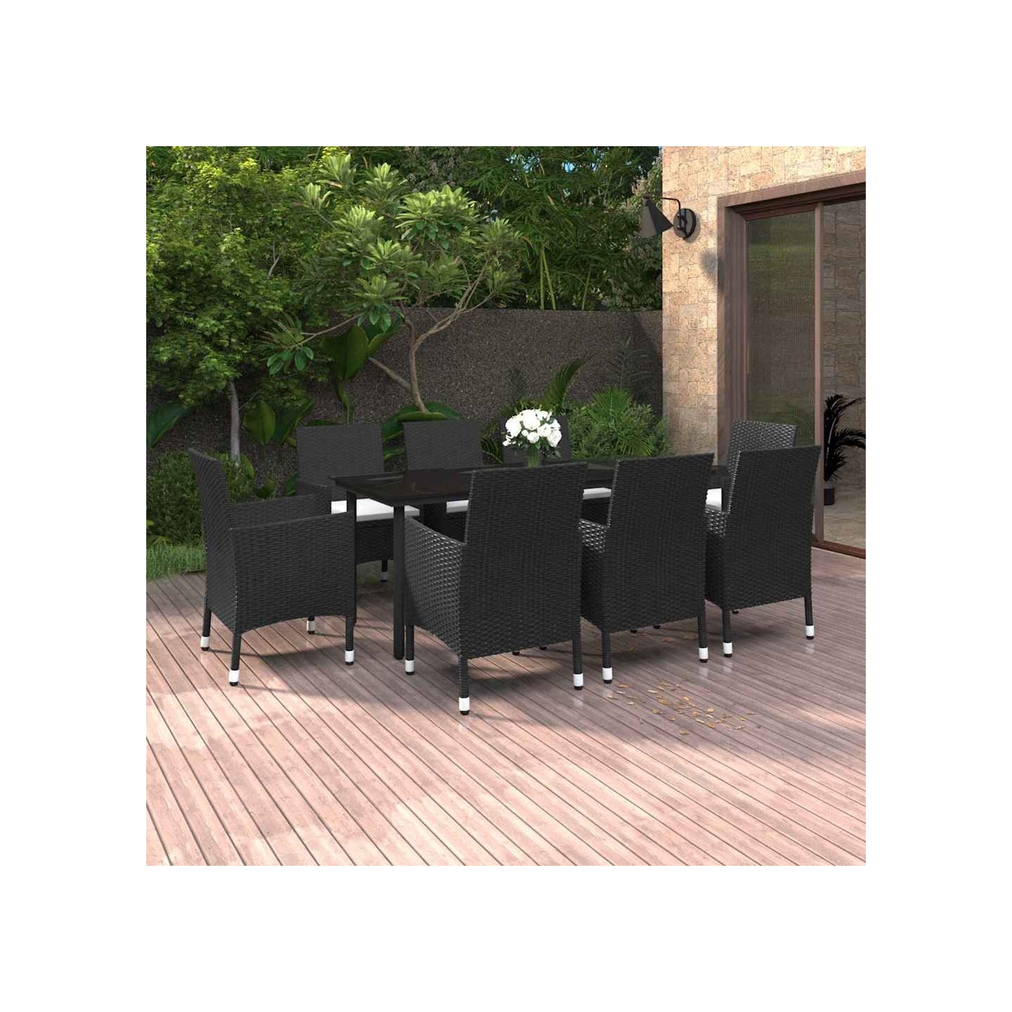 Ensemble à manger de jardin coussins 9 pcs Résine tressée Verre