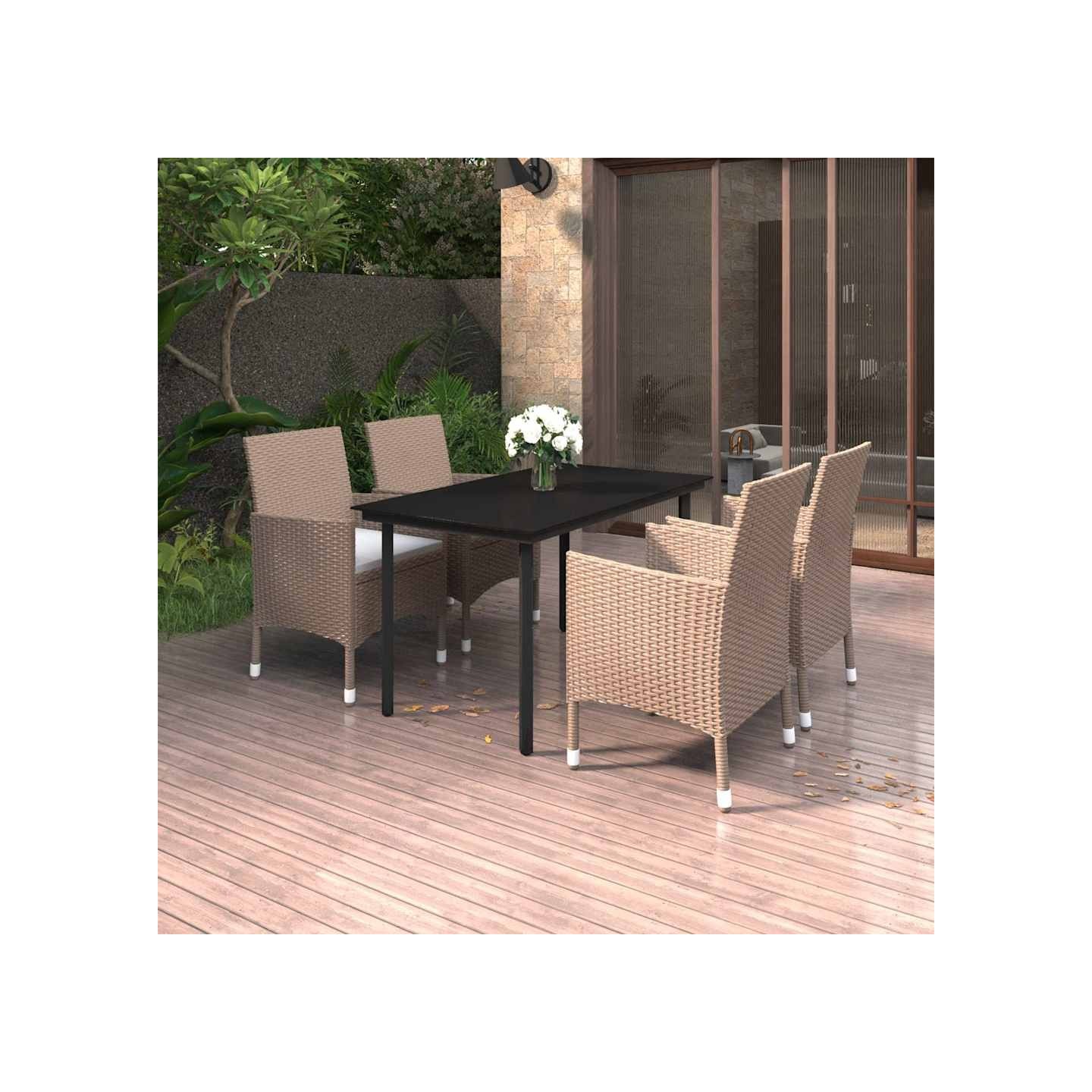 Ensemble à manger de jardin coussins 5 pcs Résine tressée Verre
