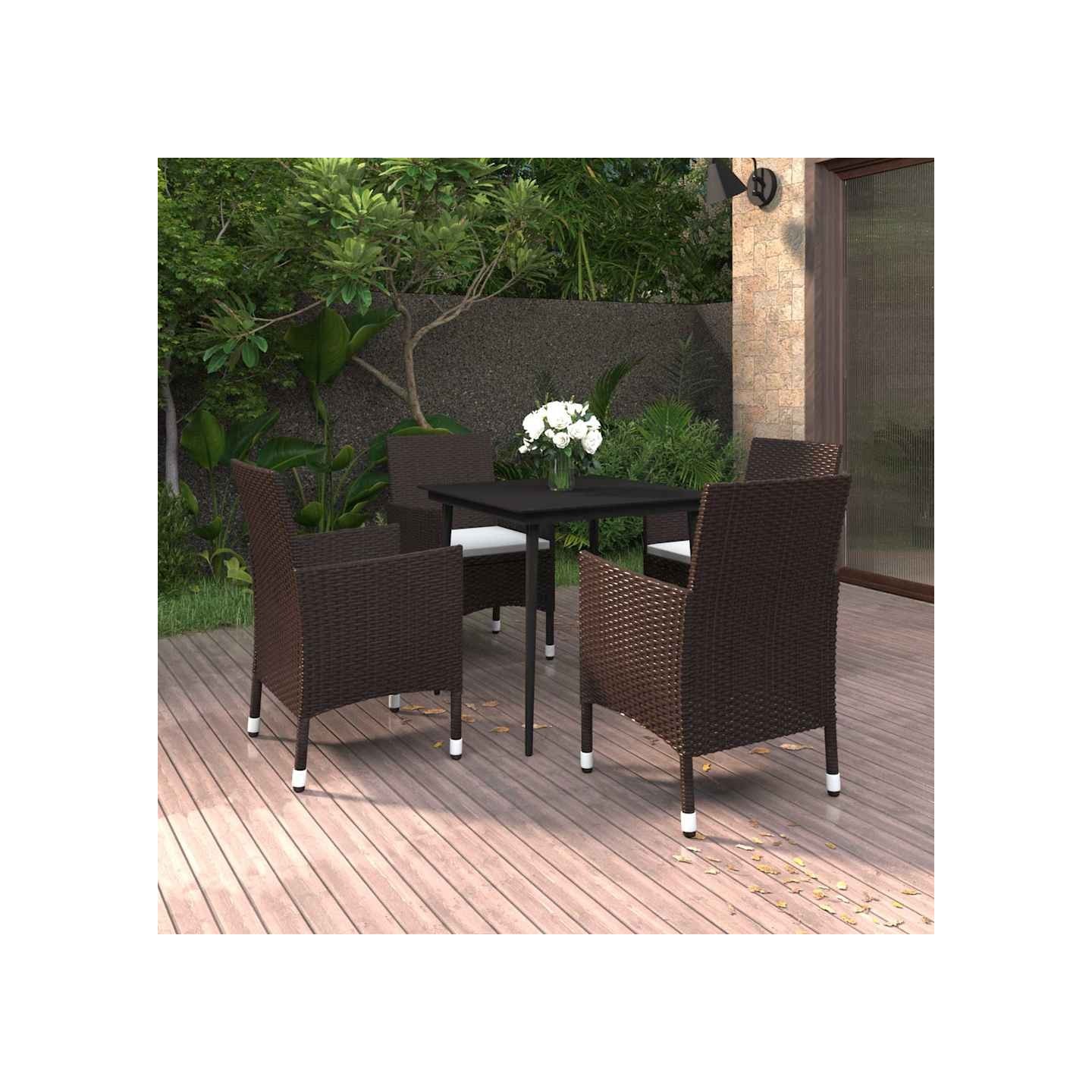 Ensemble à manger de jardin coussins 5 pcs Résine tressée Verre