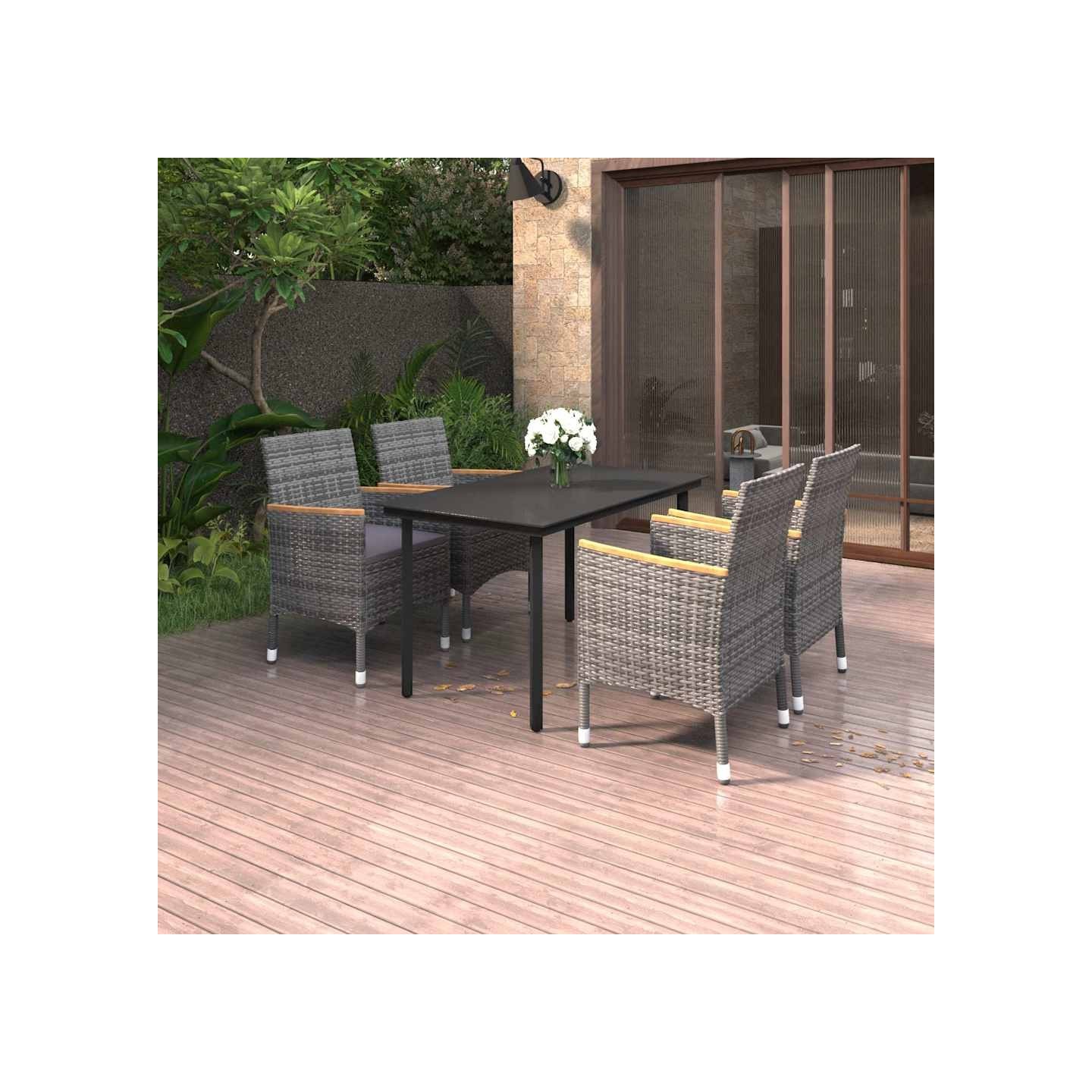 Ensemble à manger de jardin coussins 5 pcs Résine tressée Verre