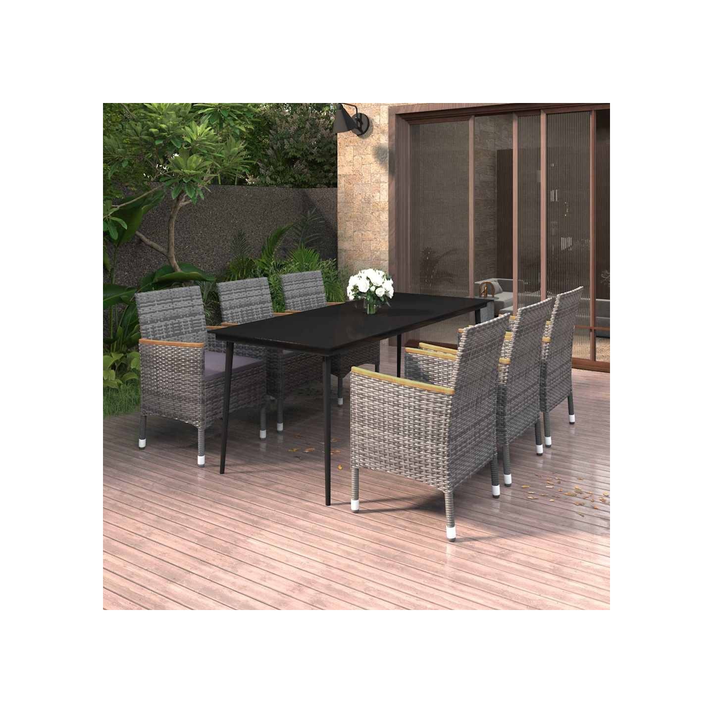 Ensemble à manger de jardin coussins 7 pcs Résine tressée Verre