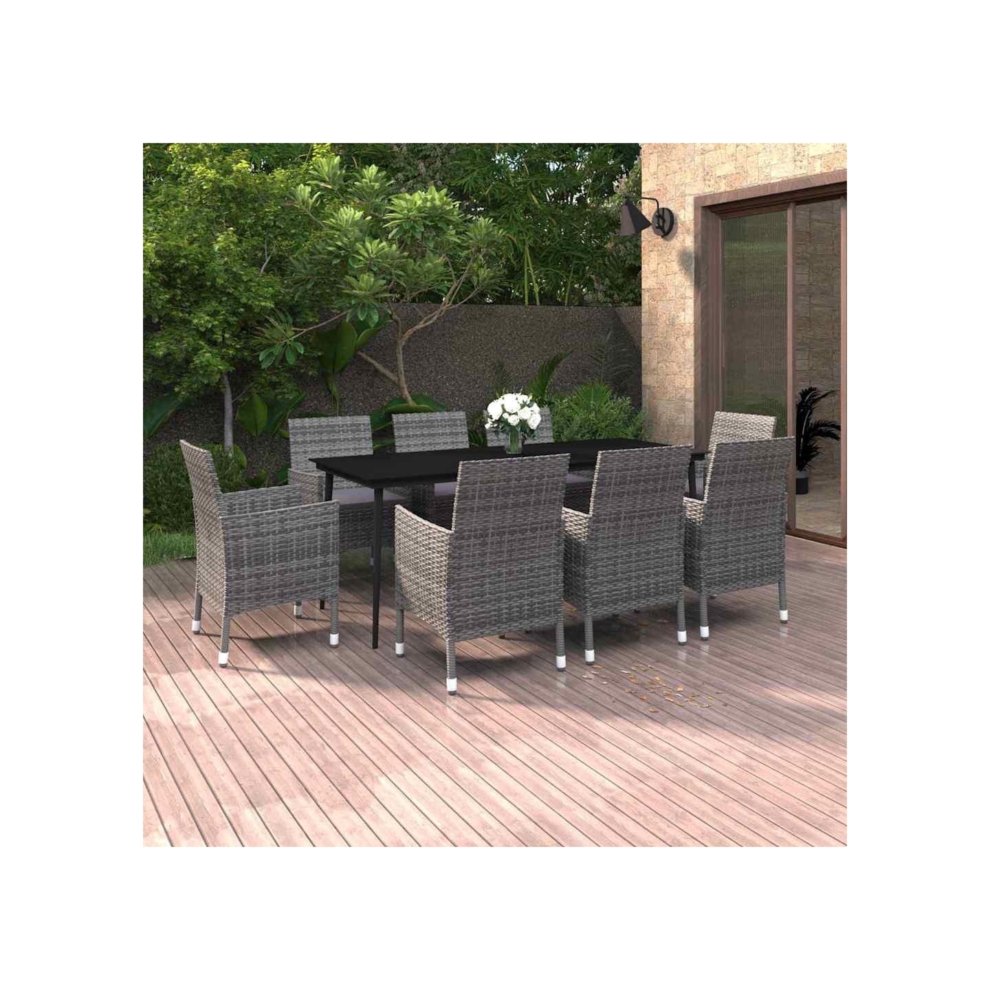 Ensemble à manger de jardin coussins 9 pcs Résine tressée Verre