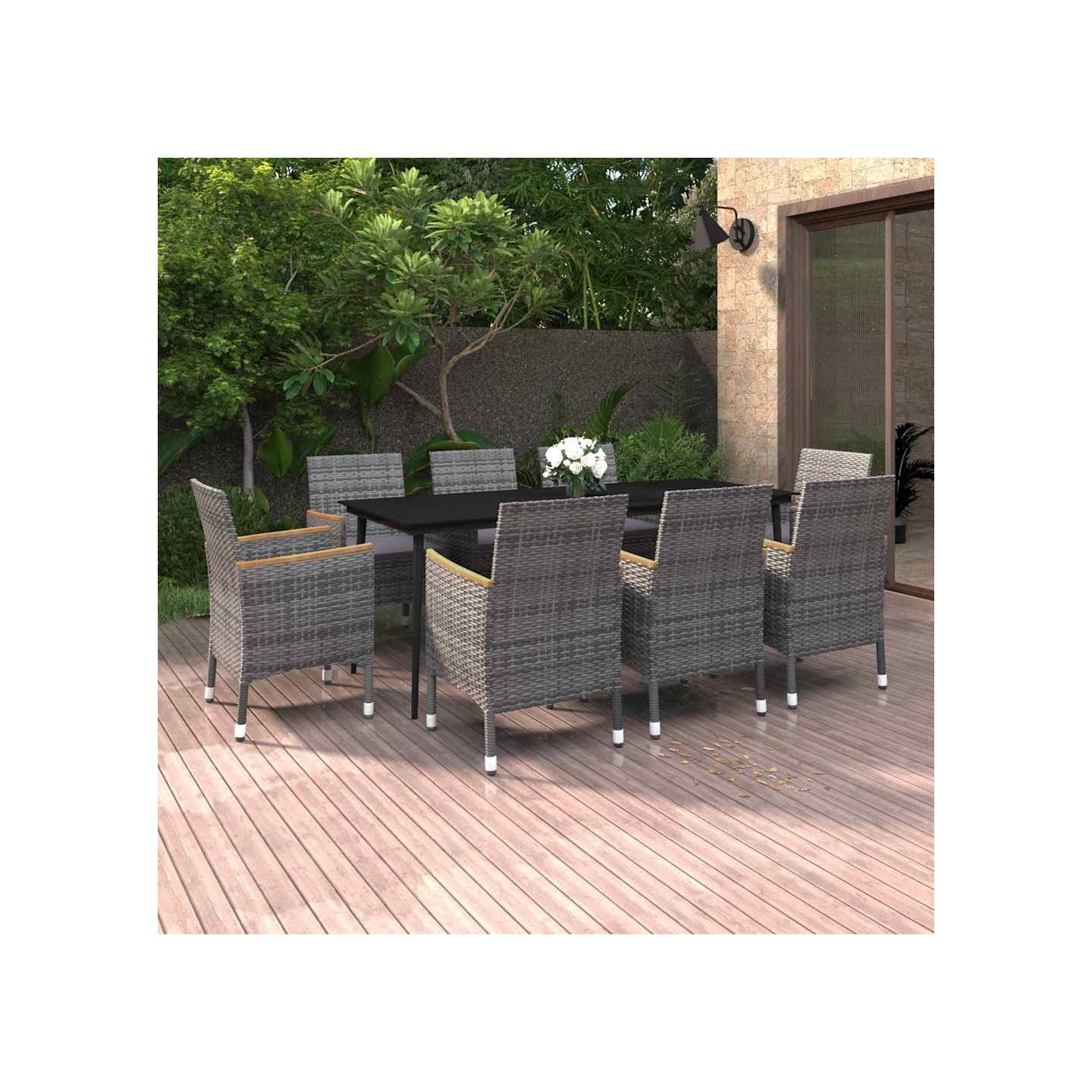 Ensemble à manger de jardin coussins 9 pcs Résine tressée Verre