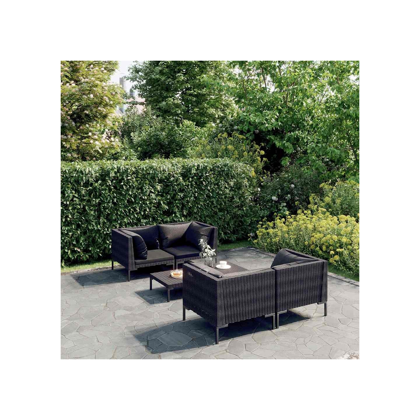 Salon de jardin 5 pcs avec coussins Résine tressée Gris foncé