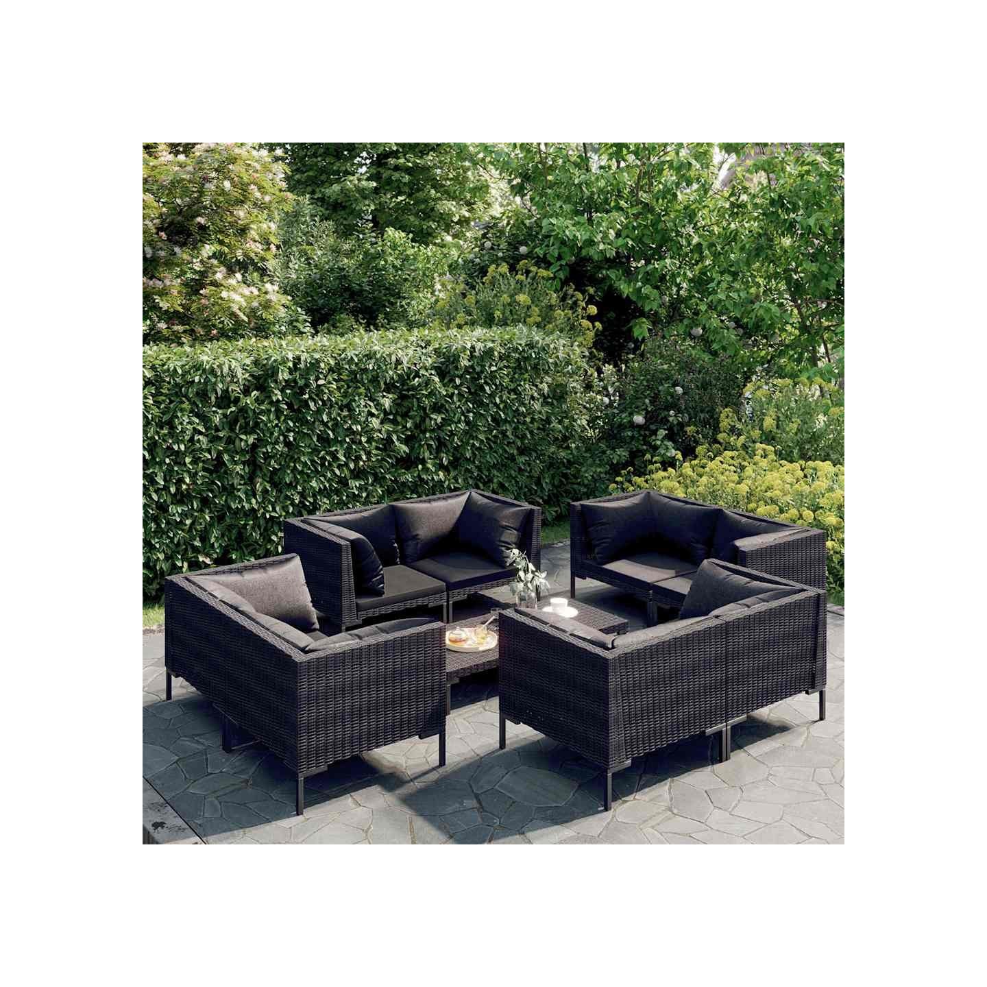 Salon de jardin 9 pcs avec coussins Résine tressée Gris foncé