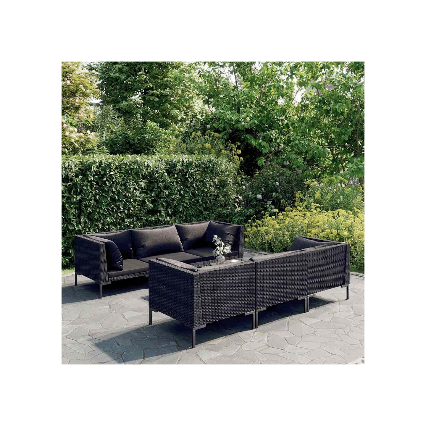 Salon de jardin 7 pcs avec coussins Résine tressée Gris foncé