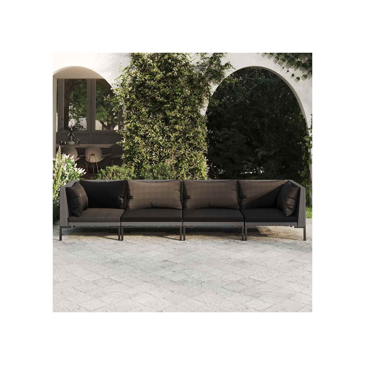 Salon de jardin 4 pcs avec coussins Résine tressée Gris foncé