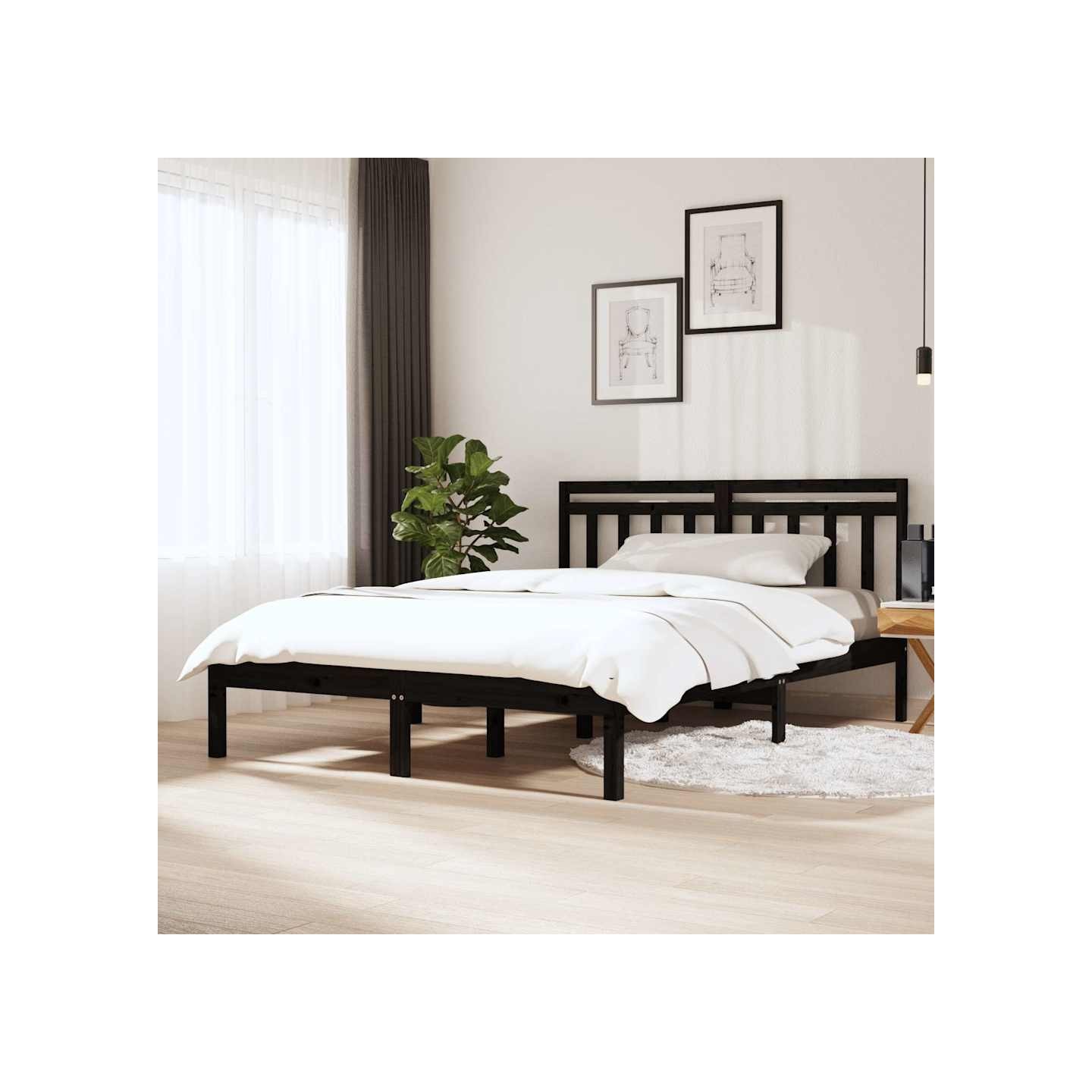 Cadre de lit sans matelas noir bois massif 140x190 cm